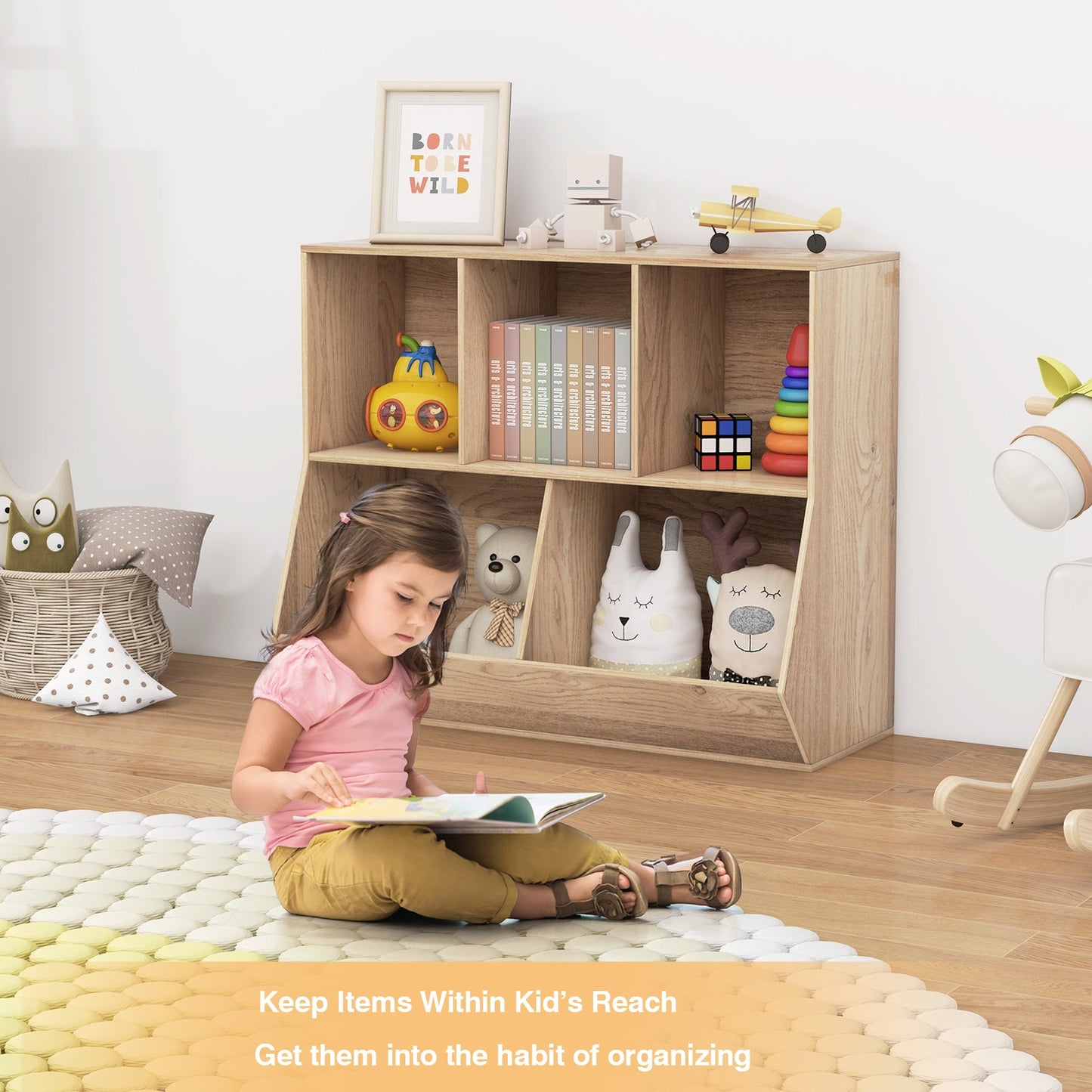 Organisateur de rangement en bois pour jouets d'enfants à 5 cubes - Naturel