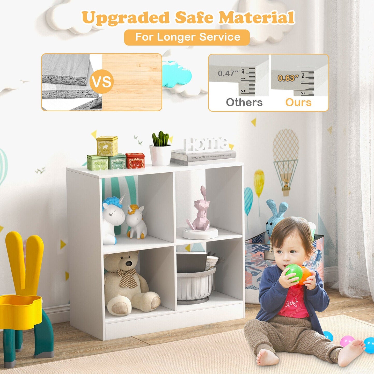 4-Cube Kids Bookcase with Open Shelves - White