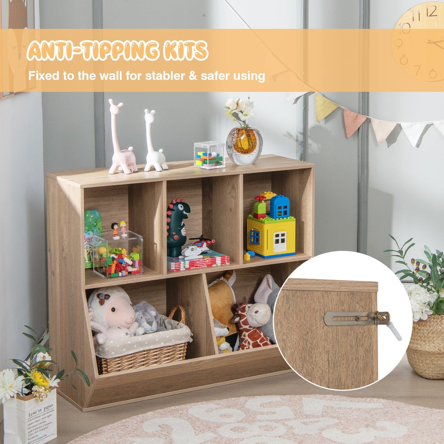Organisateur de rangement en bois pour jouets d'enfants à 5 cubes - Naturel