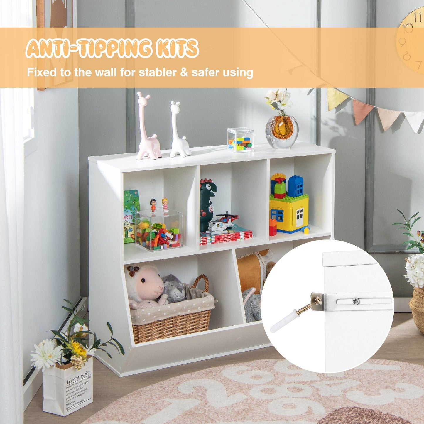 5-Cube Wooden Kids Toy Storage Organizer - White