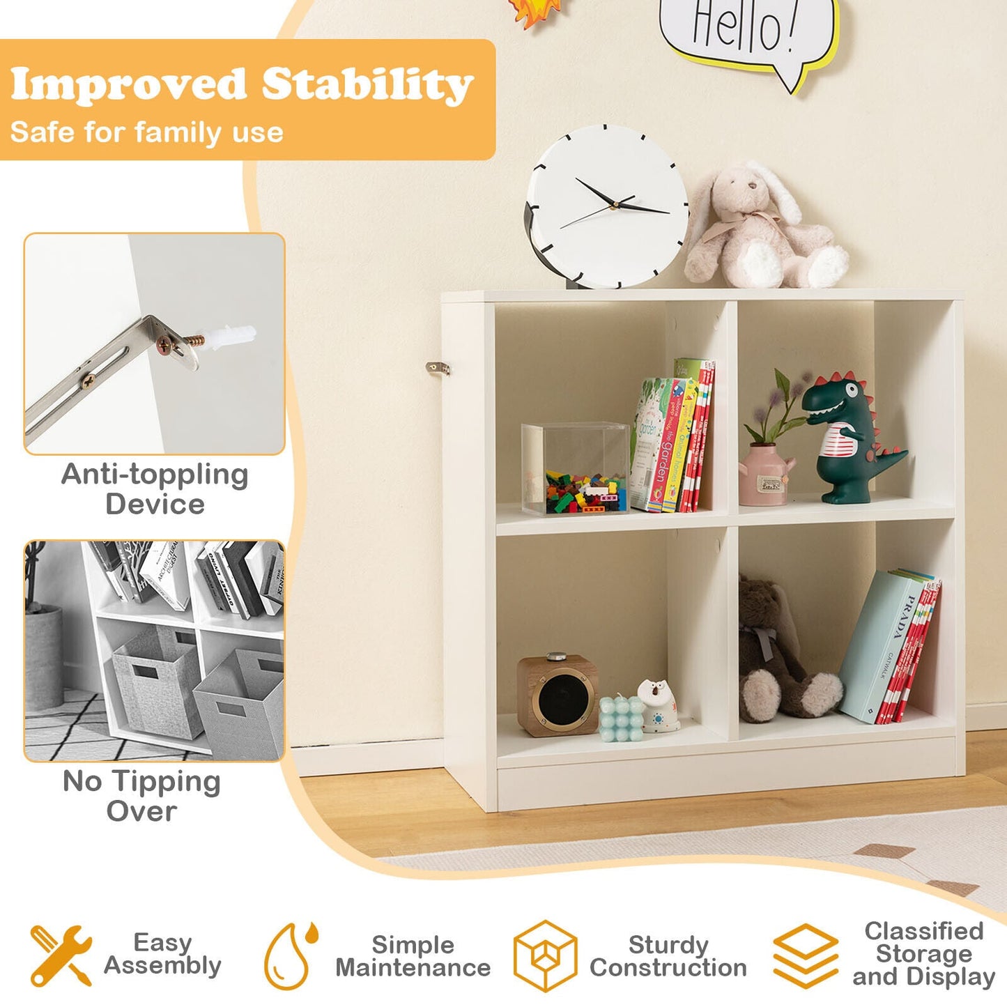 4-Cube Kids Bookcase with Open Shelves - White