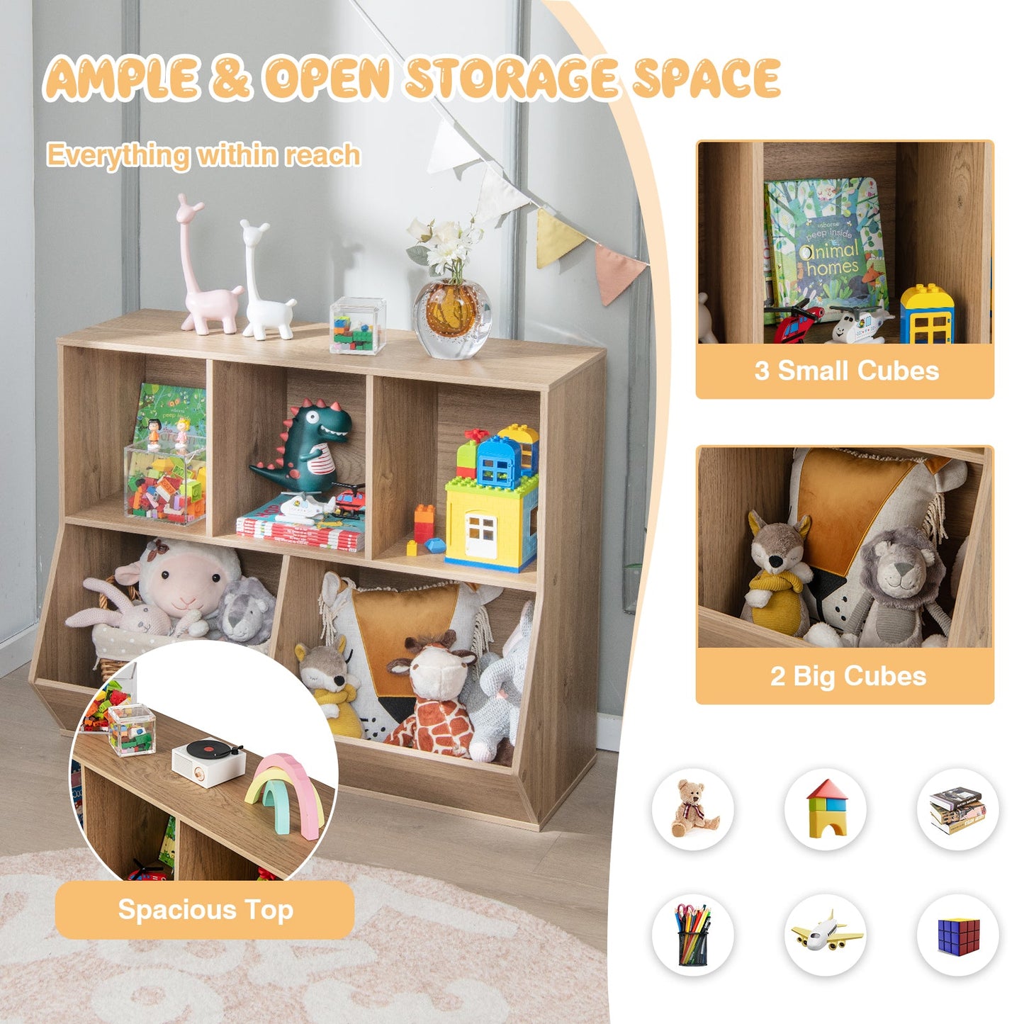 Organisateur de rangement en bois pour jouets d'enfants à 5 cubes - Naturel