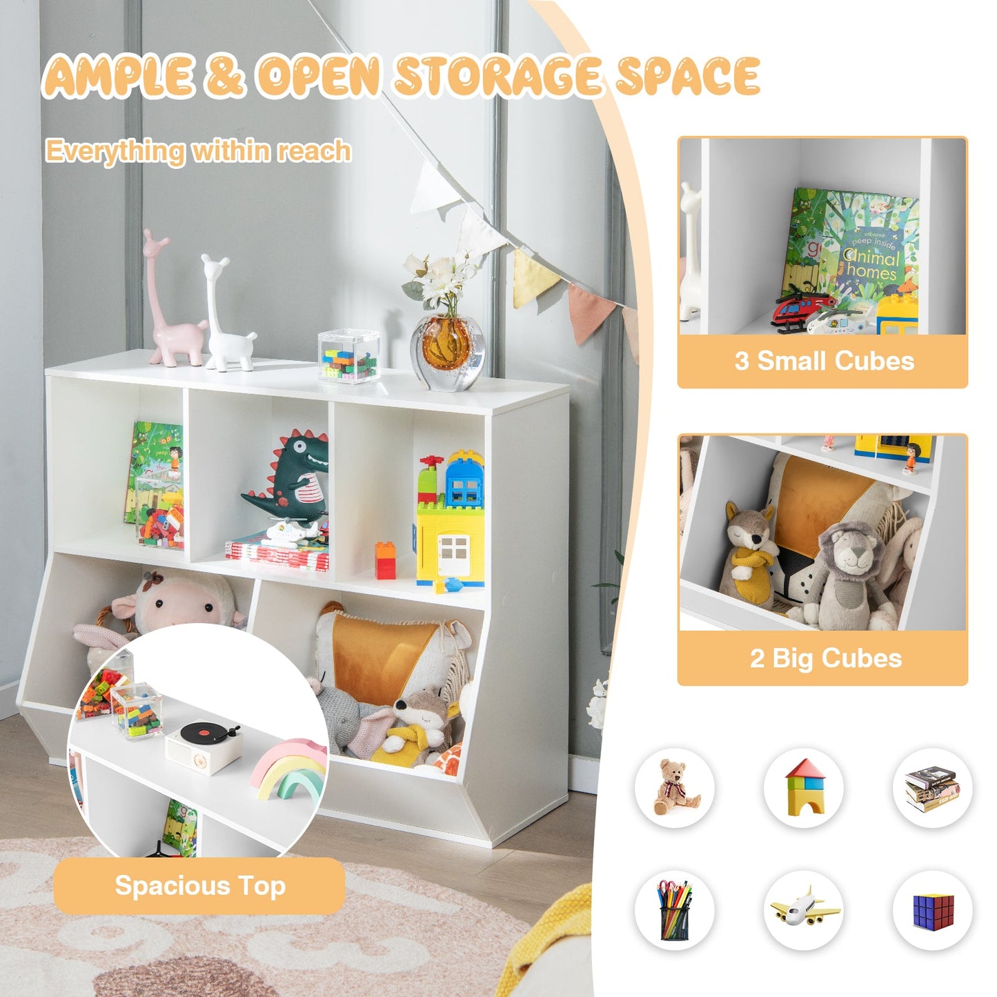 5-Cube Wooden Kids Toy Storage Organizer - White
