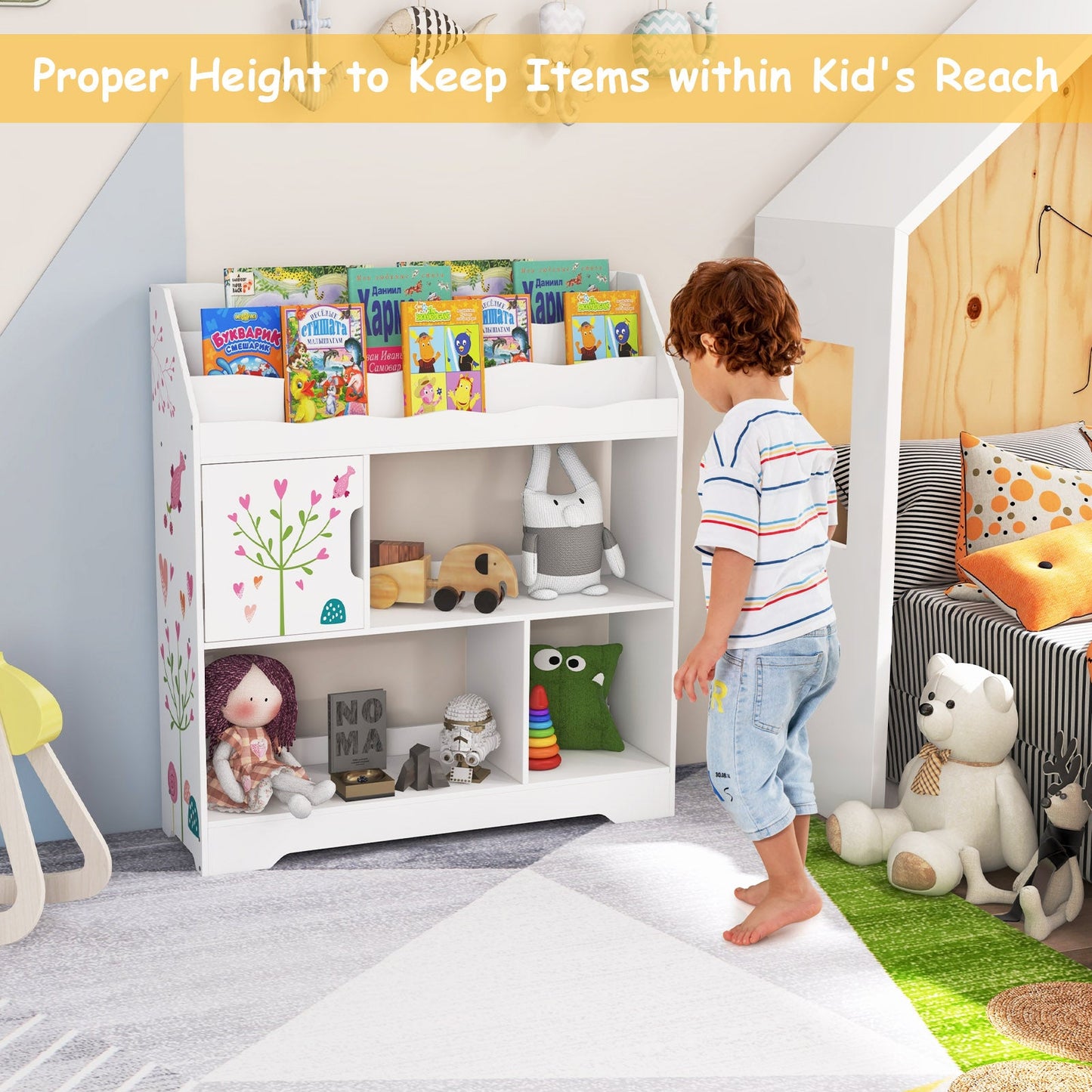 Kids Toy Storage Organizer with Bookshelf - White