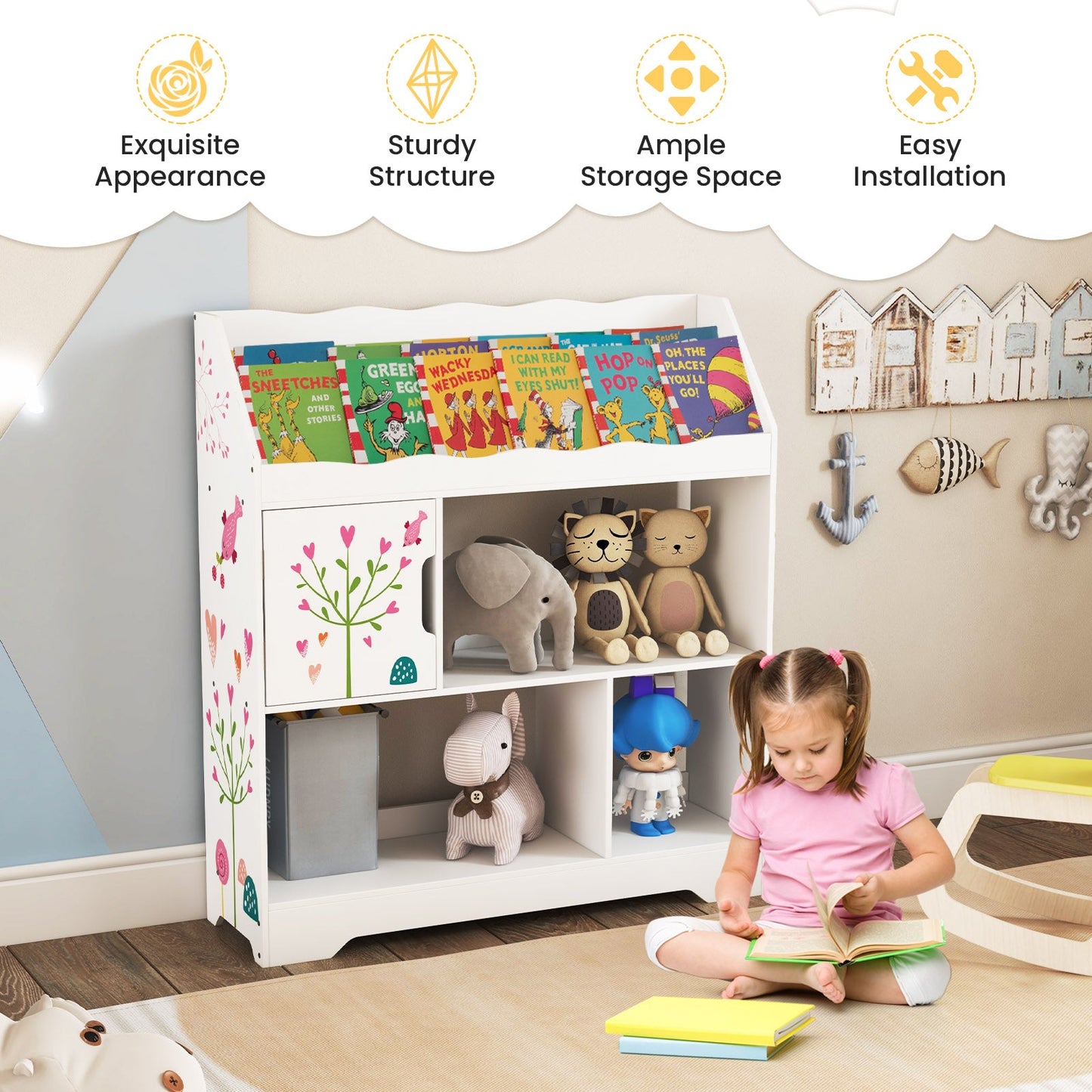 Kids Toy Storage Organizer with Bookshelf - White