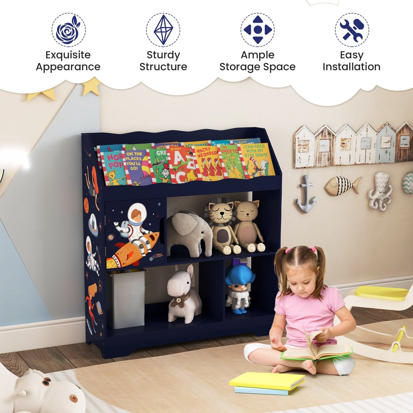 Kids Toy Storage Organizer with Bookshelf - Navy