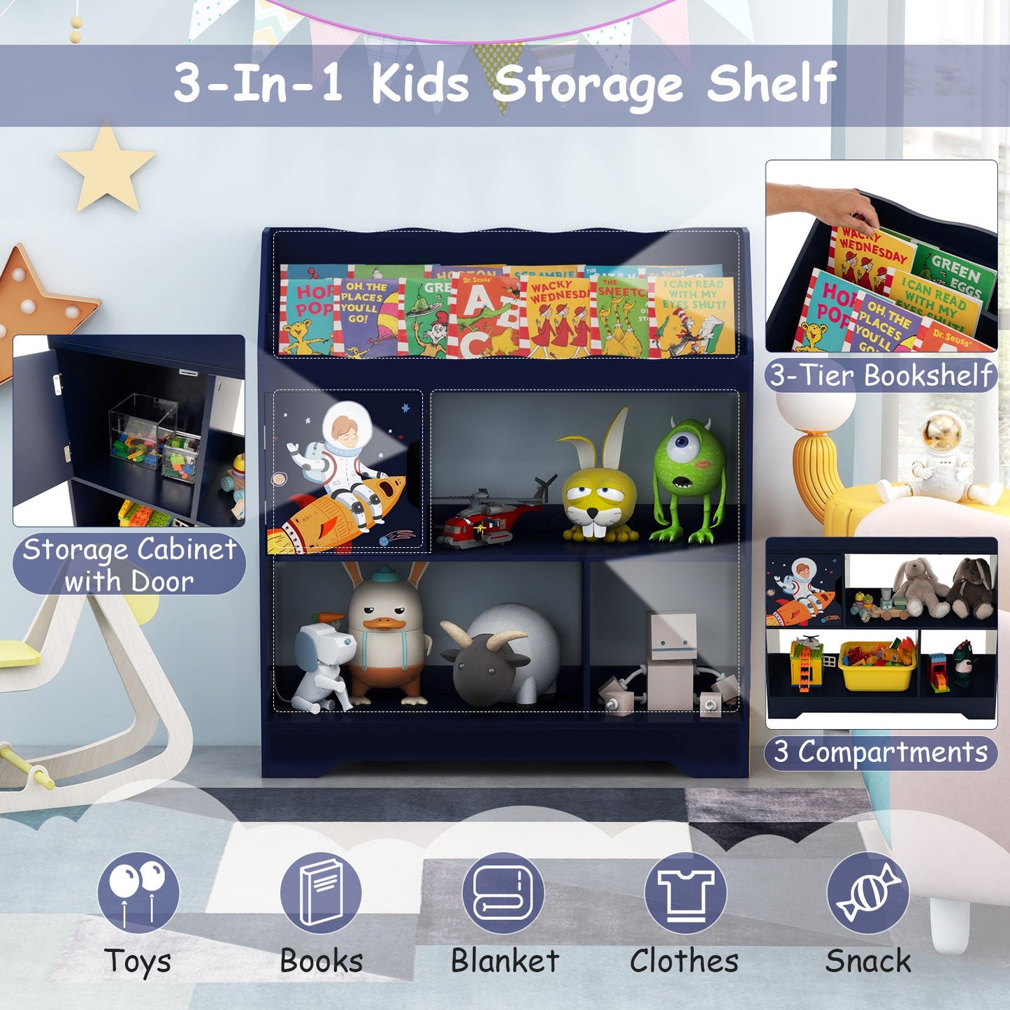 Kids Toy Storage Organizer with Bookshelf - Navy