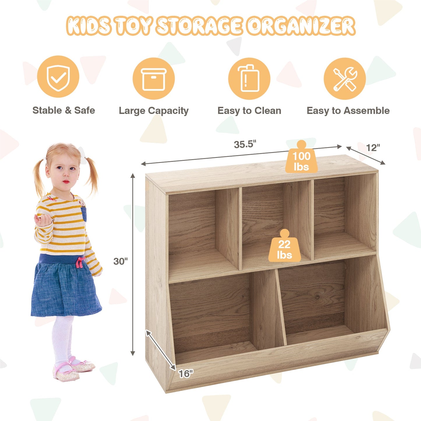Organisateur de rangement en bois pour jouets d'enfants à 5 cubes - Naturel