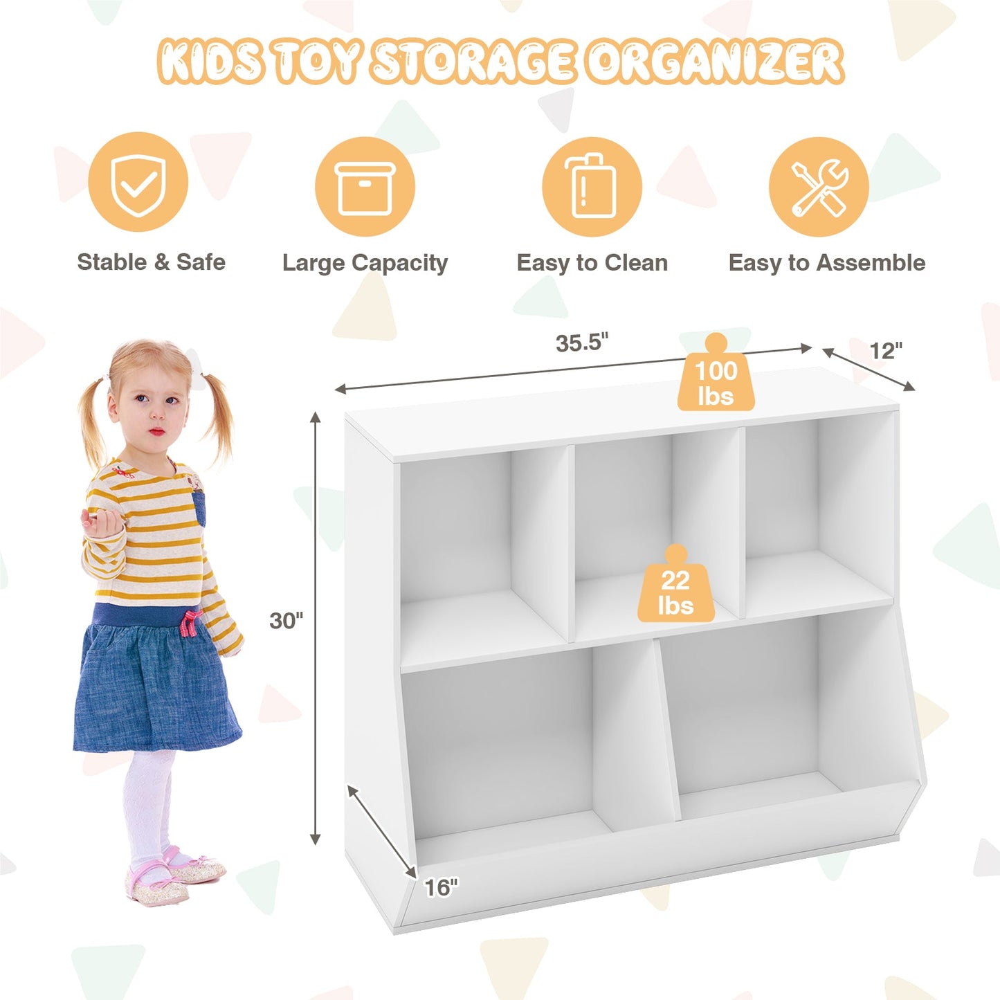 5-Cube Wooden Kids Toy Storage Organizer - White