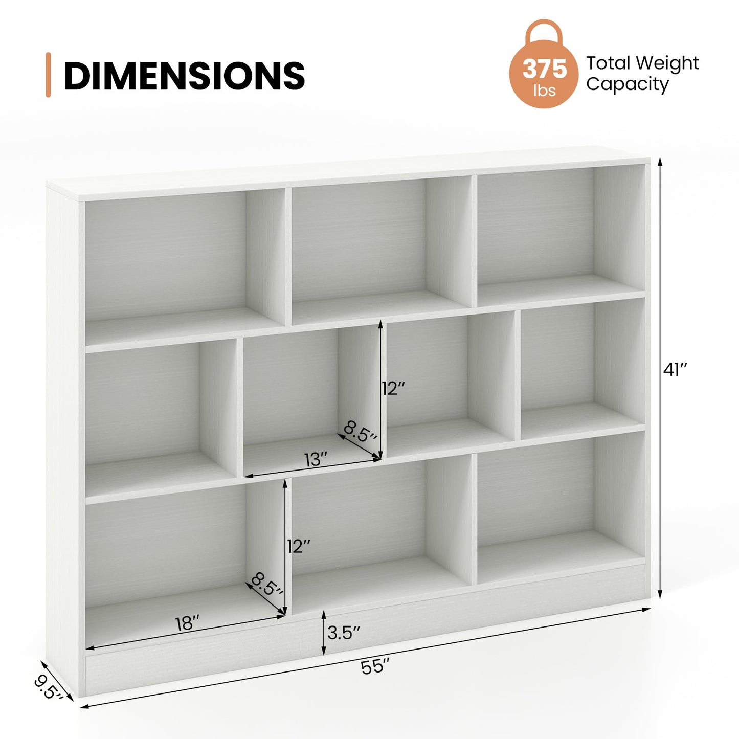 Organisateur de rangement en bois de 41 pouces avec 10 cubes - Blanc