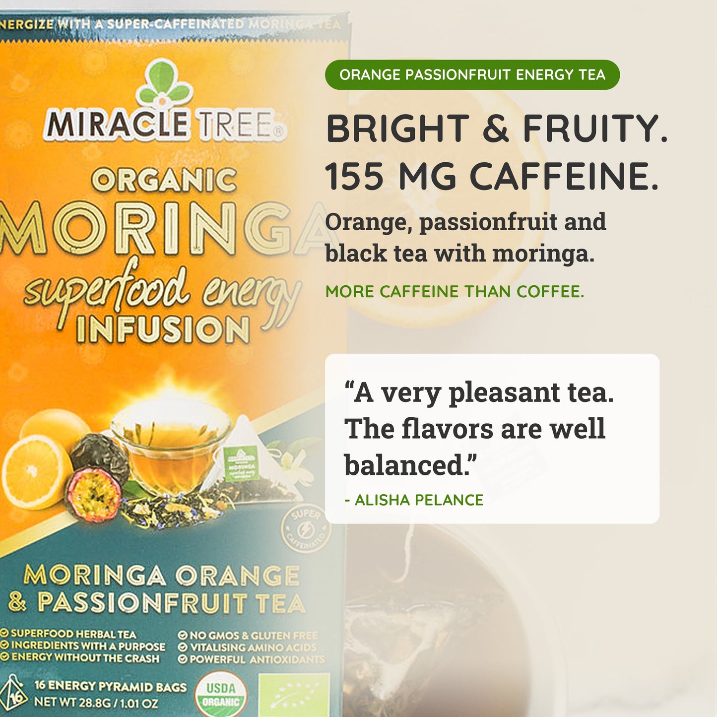 Thé énergisant Moringa avec orange et fruit de la passion