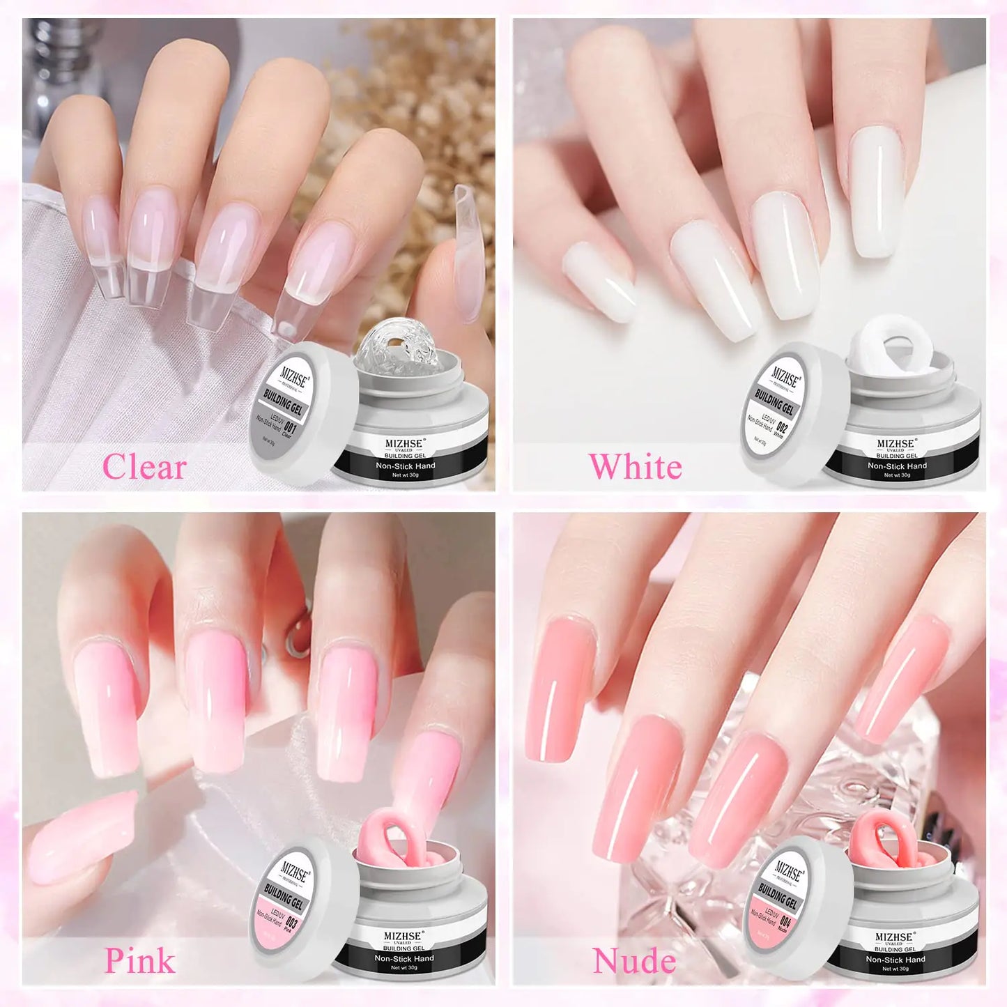 MIZHSE Solid Builder Gel - 4 Classic Colors for Nail Art