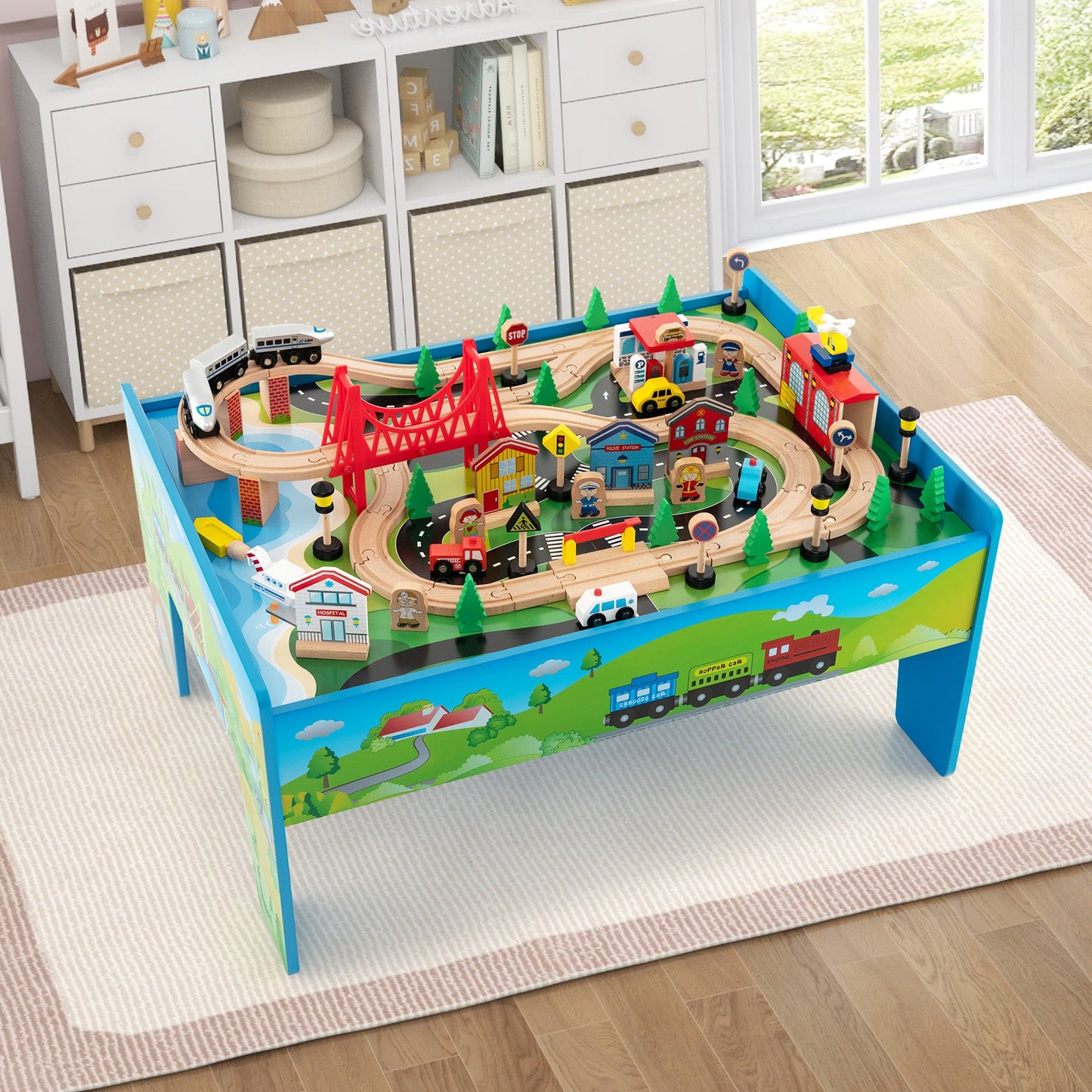 Ensemble de train en bois de 80 pièces et table