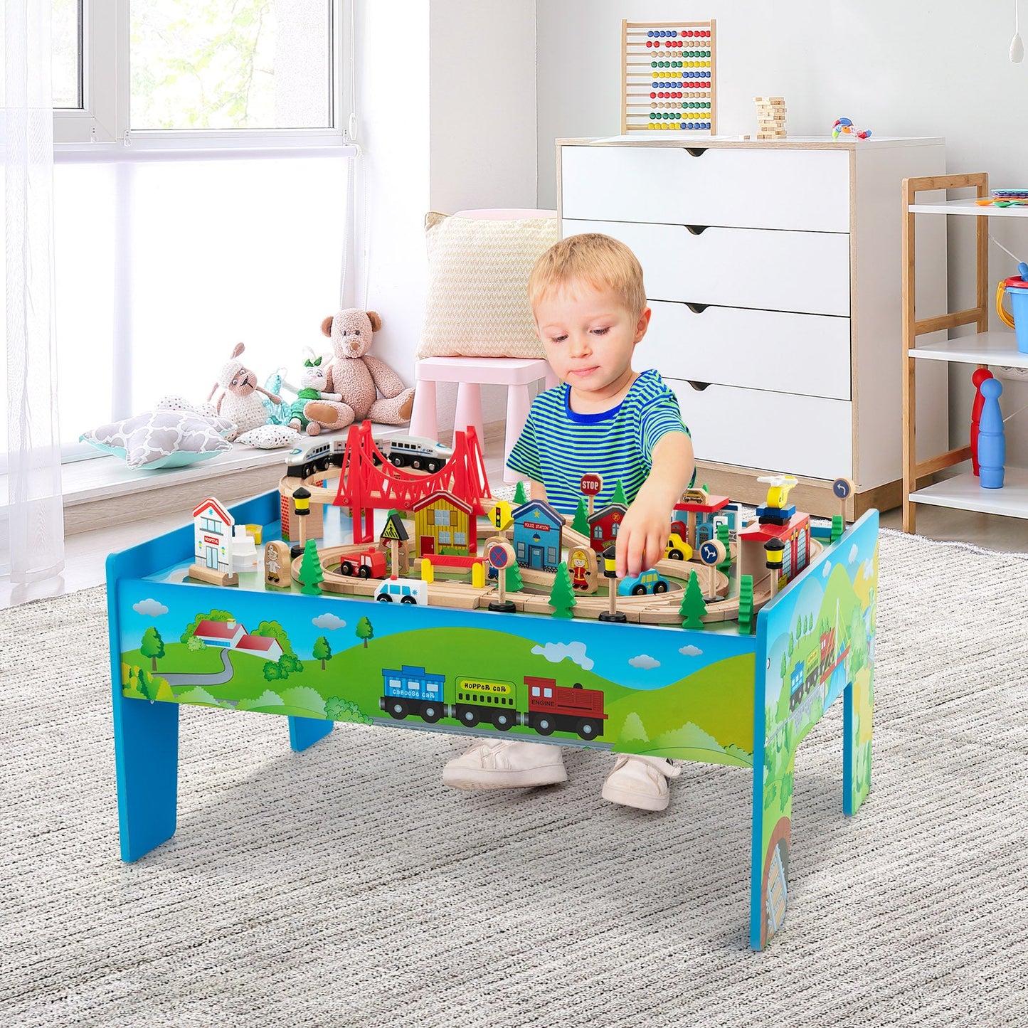 Ensemble de train en bois de 80 pièces et table
