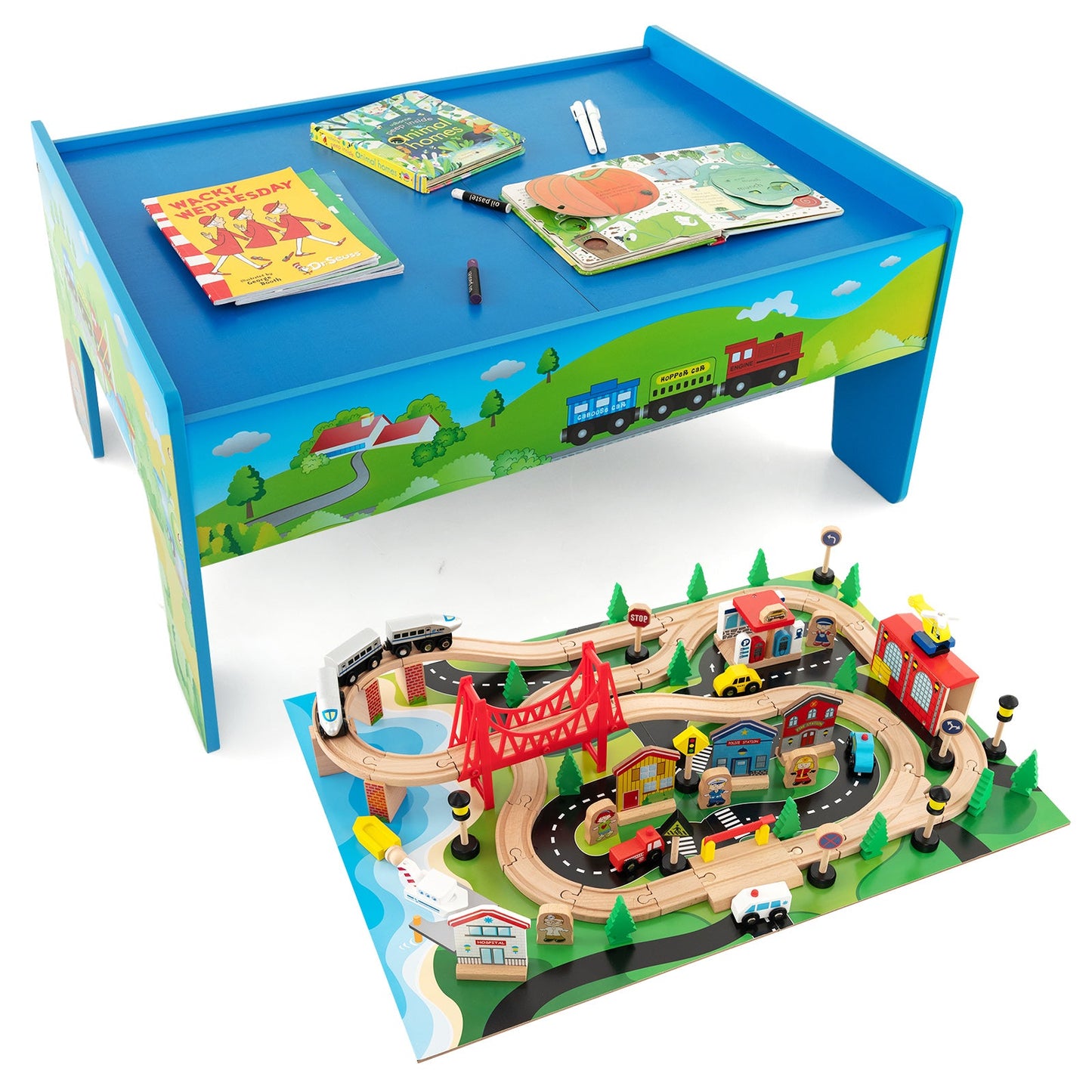 Ensemble de train en bois de 80 pièces et table