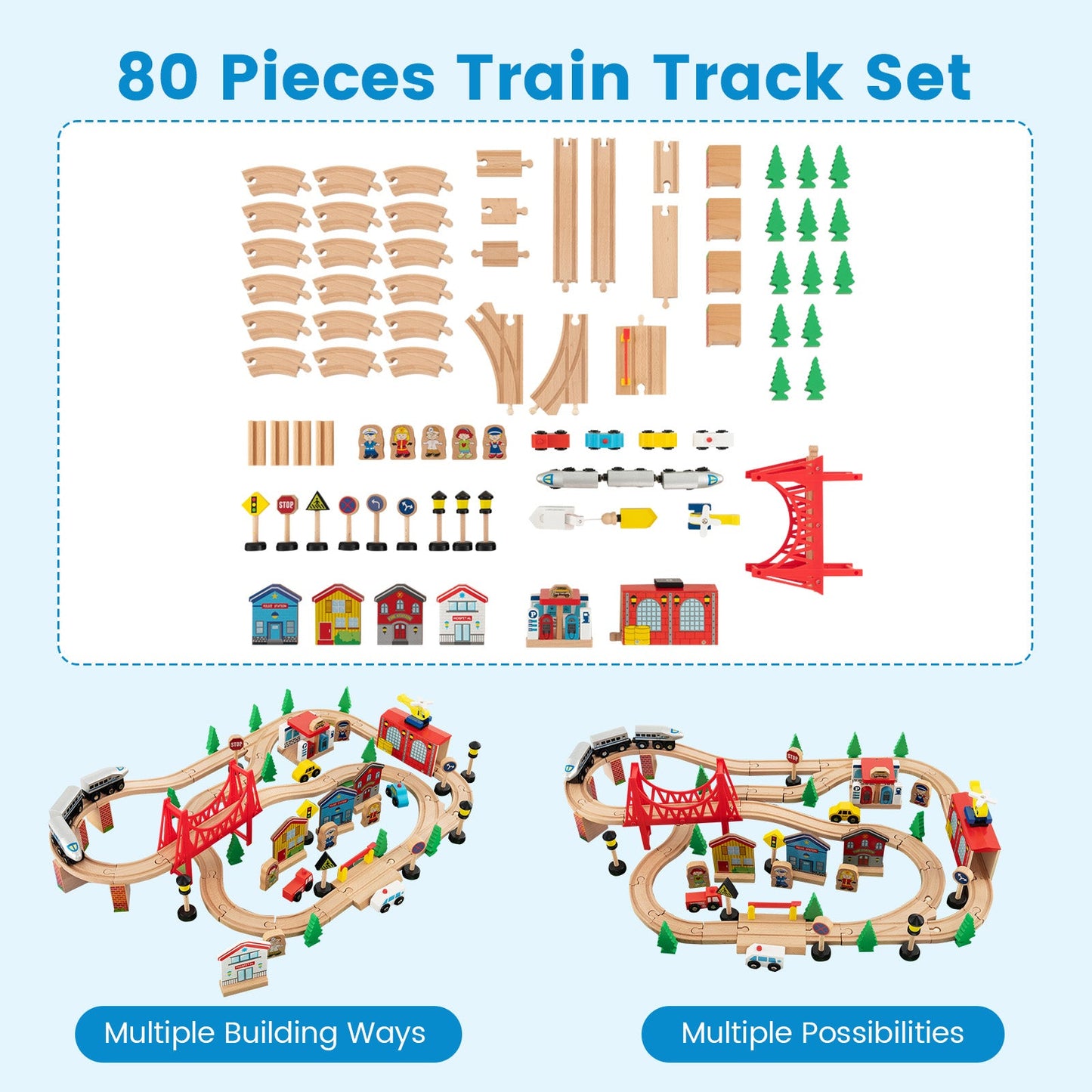 Ensemble de train en bois de 80 pièces et table