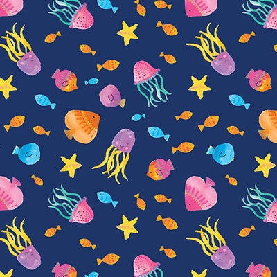 Tissu en coton bleu marine à motif de poissons tropicaux - 44"/45" par yard