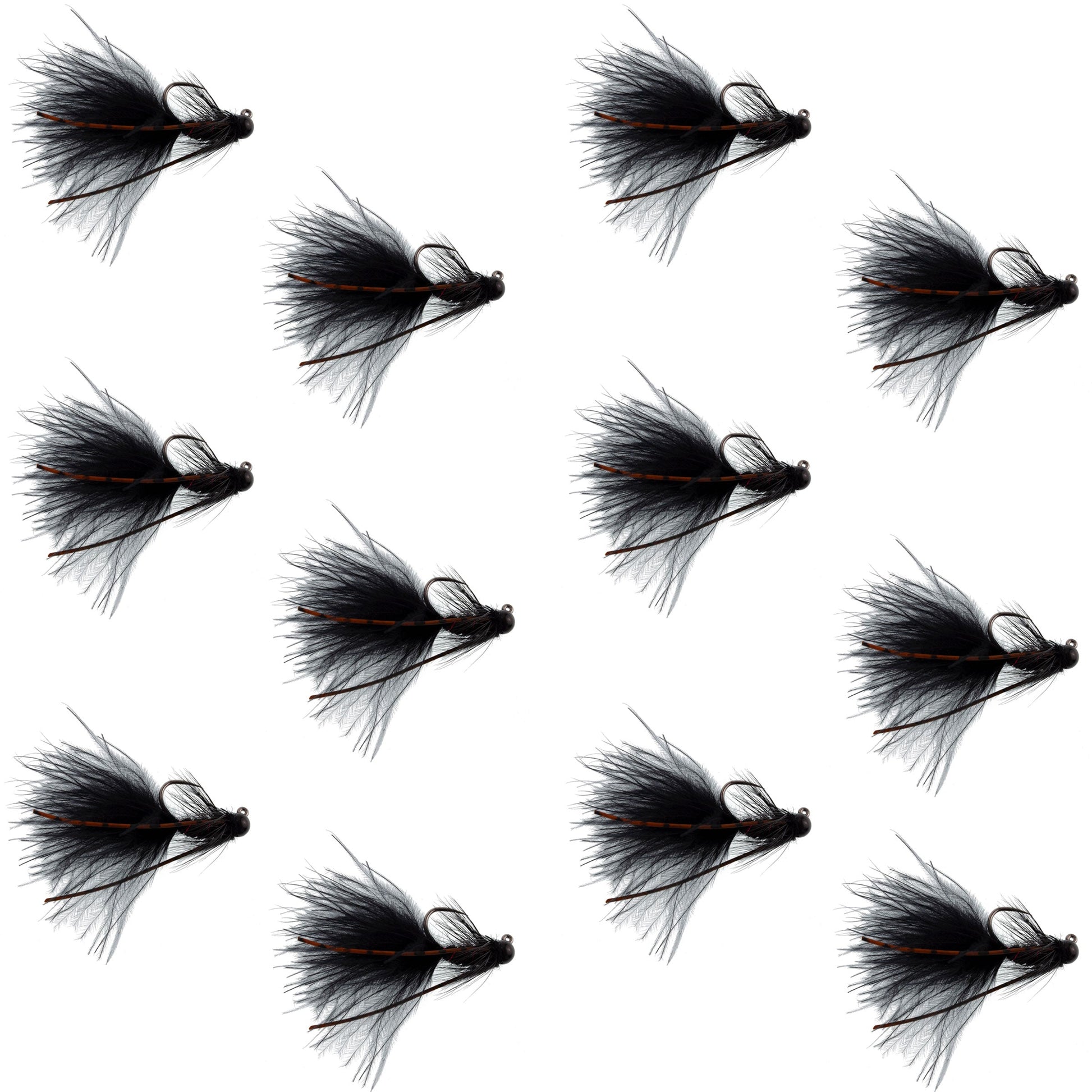 Premium Tactical Tungsten Black Mini Bugger Flies - 12 Pack Size 12 - Korvel