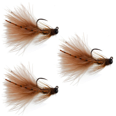 3-Pack Tactical Brown Mini Bugger Tungsten Bead Flies for Euro Nymphing - Size 8 - Korvel