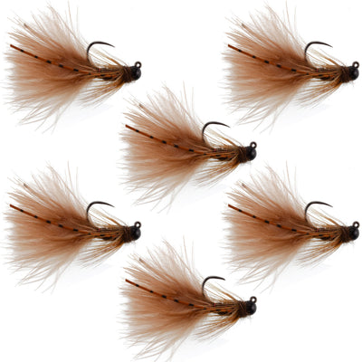 Tactical Brown Mini Bugger Tungsten Bead Euro Nymph Flies - Set of 6 Size 8 - Korvel