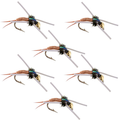 Copper John Nymph Fly Set - Tungsten Bead Head with Rubber Legs, Size 14 - 6 Premium Flies - Korvel