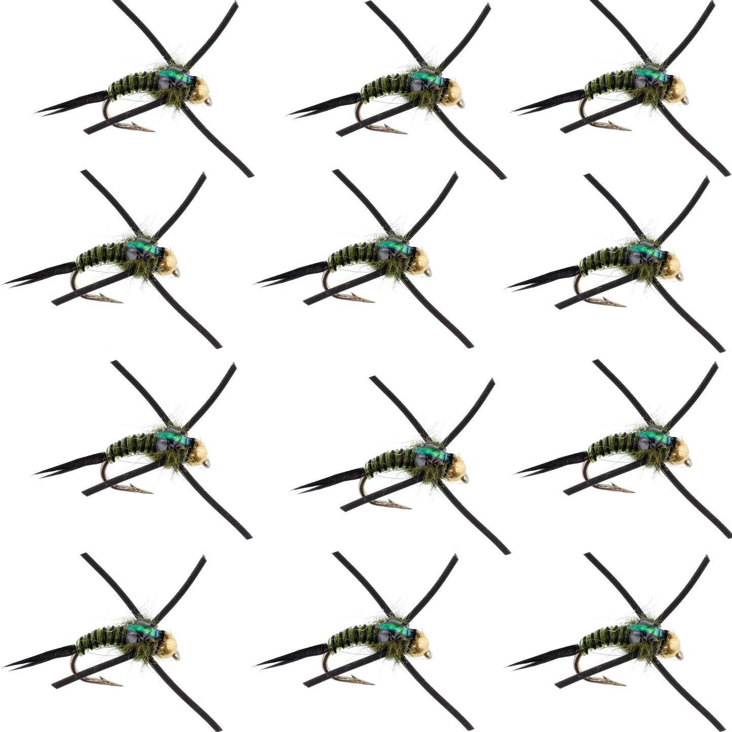 Premium Tungsten Bead Head Nymph Flies with Rubber Legs - Black Olive Zebra Copper John - 12 Pack Size 12 - Korvel
