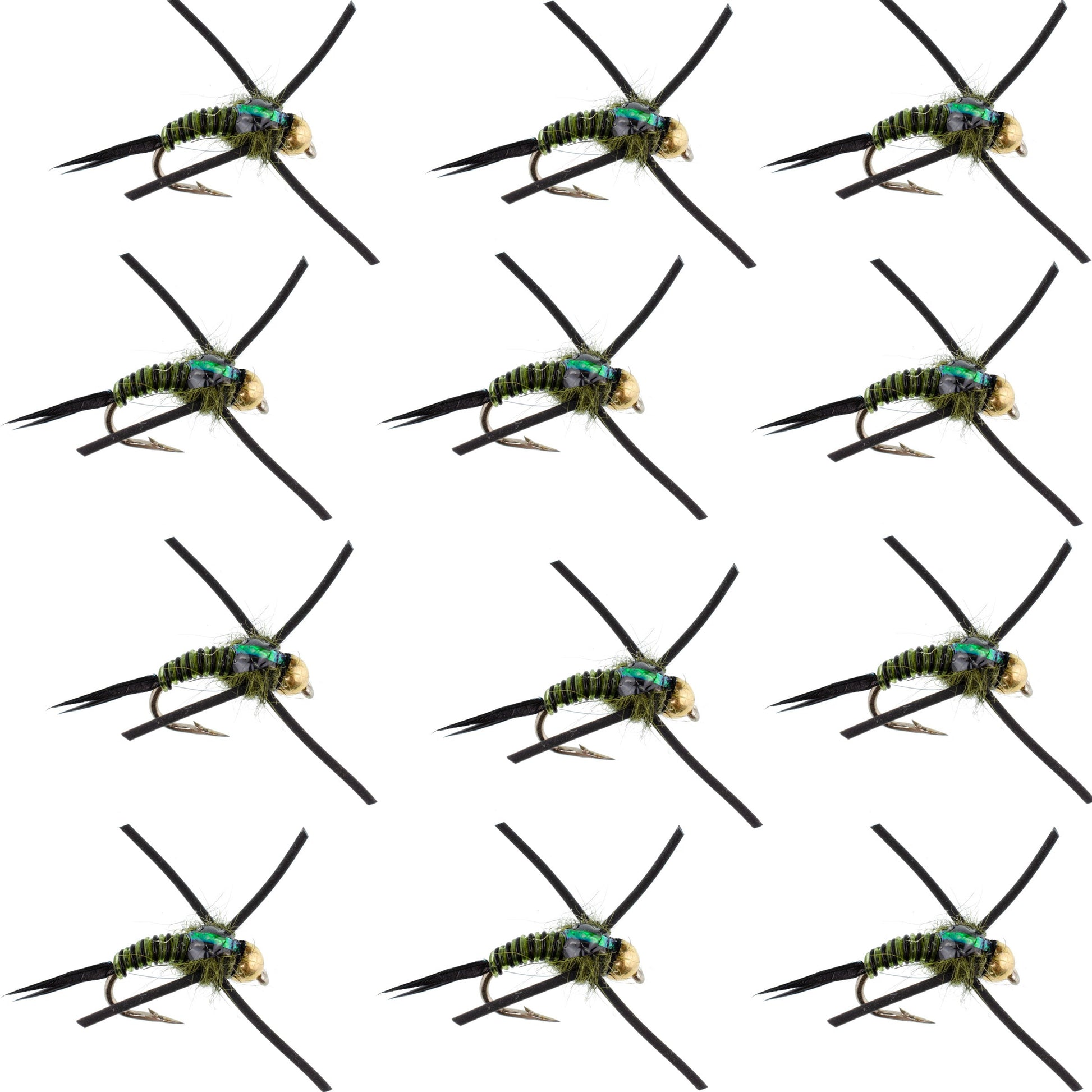 Premium Tungsten Bead Head Nymph Flies with Rubber Legs - Black Olive Zebra Copper John - 12 Pack Size 12 - Korvel