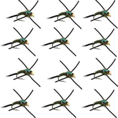 Premium Tungsten Bead Head Nymph Flies with Rubber Legs - Black Olive Zebra Copper John - 12 Pack Size 12 - Korvel