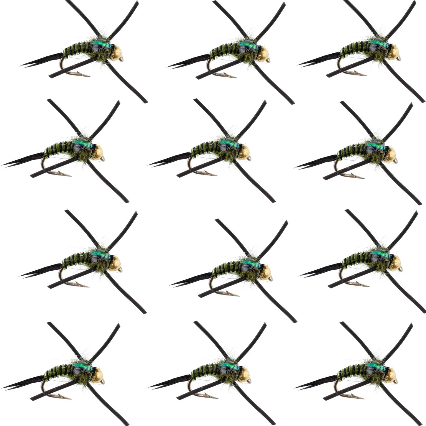 Premium Tungsten Bead Head Nymph Flies with Rubber Legs - Black Olive Zebra Copper John - 12 Pack Size 16 - Korvel