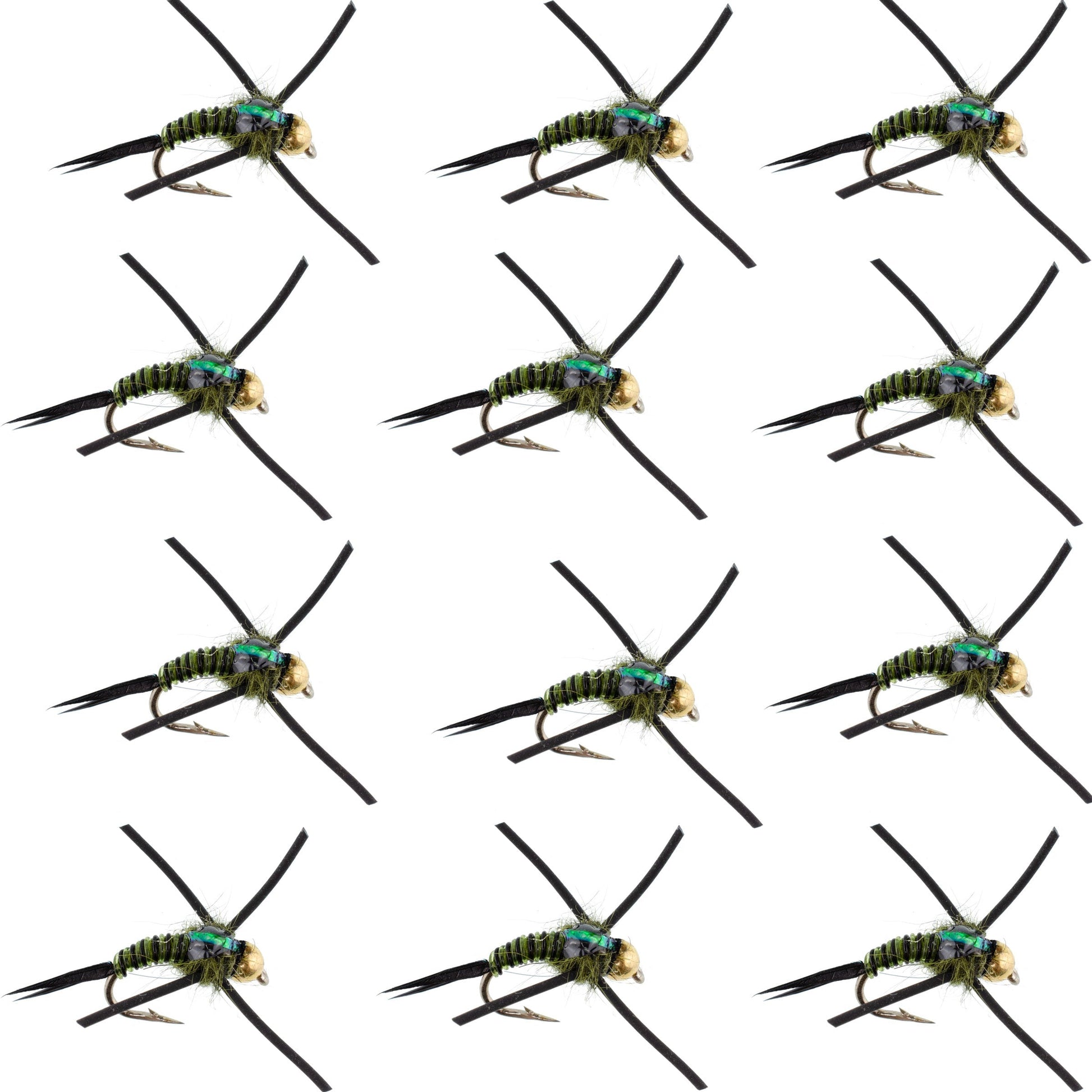 Premium Tungsten Bead Head Nymph Flies with Rubber Legs - Black Olive Zebra Copper John - 12 Pack Size 16 - Korvel