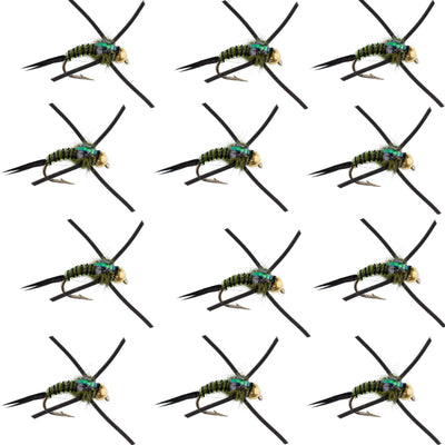 Premium Tungsten Bead Head Nymph Flies with Rubber Legs - Black Olive Zebra Copper John - 12 Pack Size 16 - Korvel
