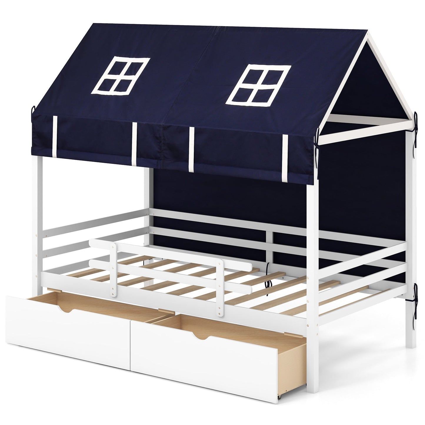 Cama Casa Gemela con Tienda y Cajones de Almacenamiento para Niños - Blanca