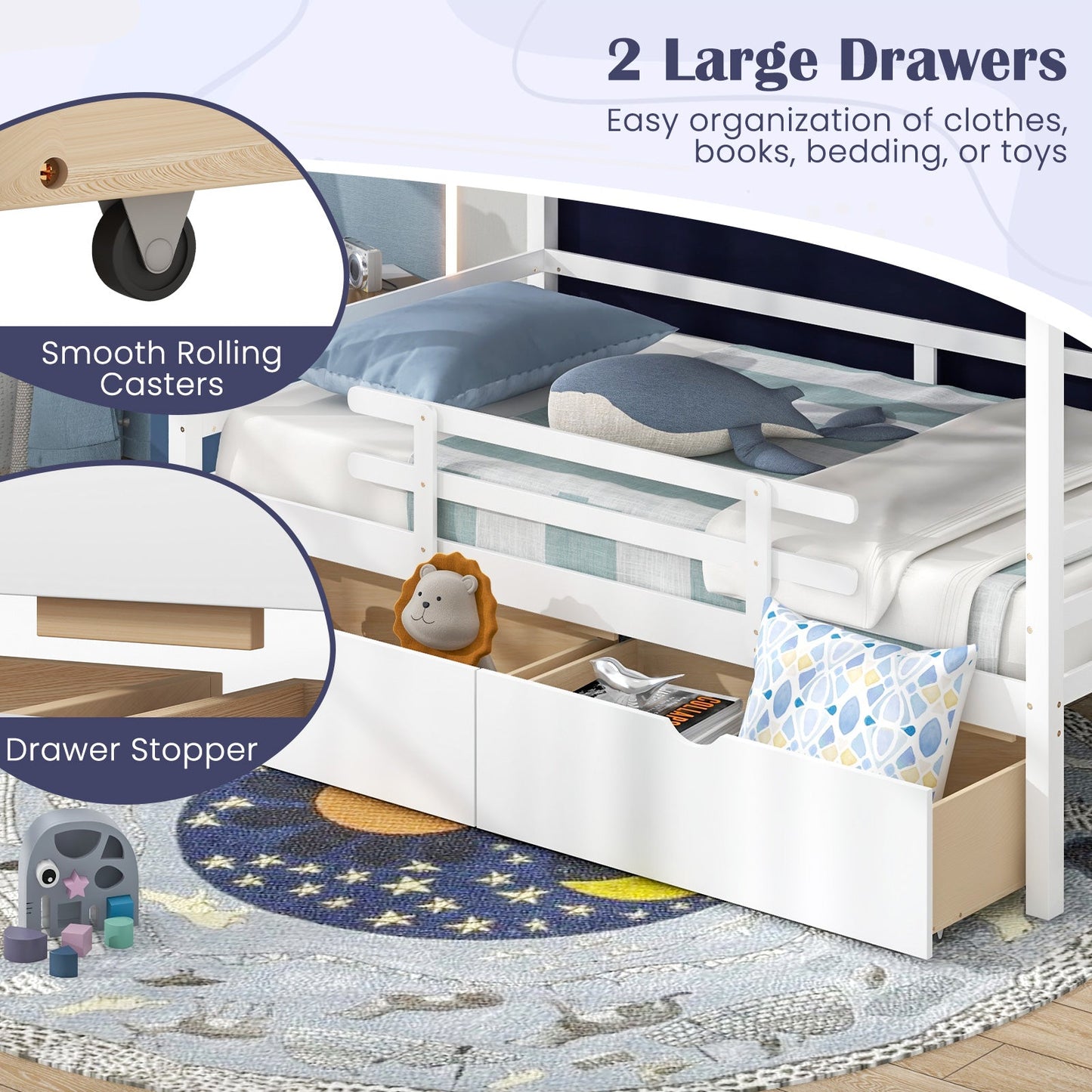 Cama Casa Gemela con Tienda y Cajones de Almacenamiento para Niños - Blanca