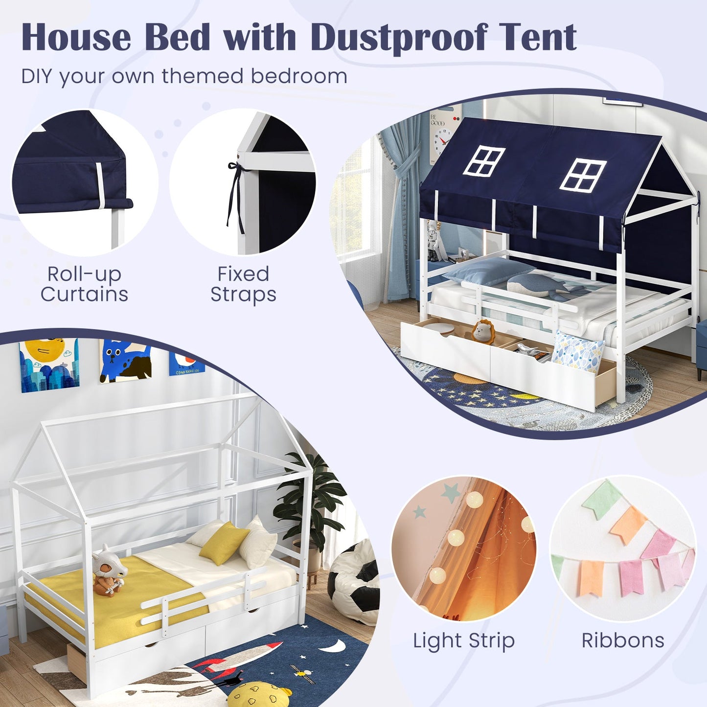 Cama Casa Gemela con Tienda y Cajones de Almacenamiento para Niños - Blanca