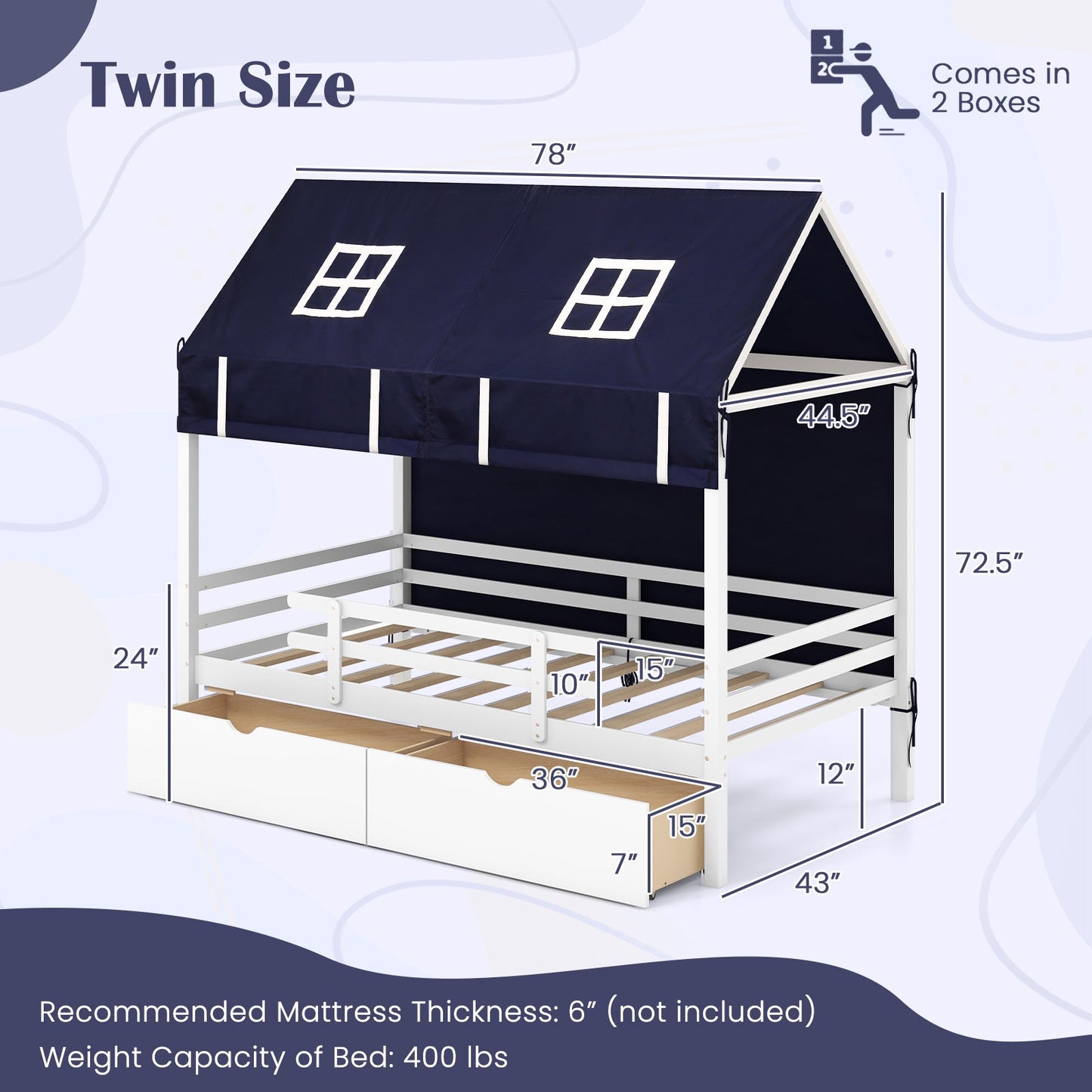 Cama Casa Gemela con Tienda y Cajones de Almacenamiento para Niños - Blanca