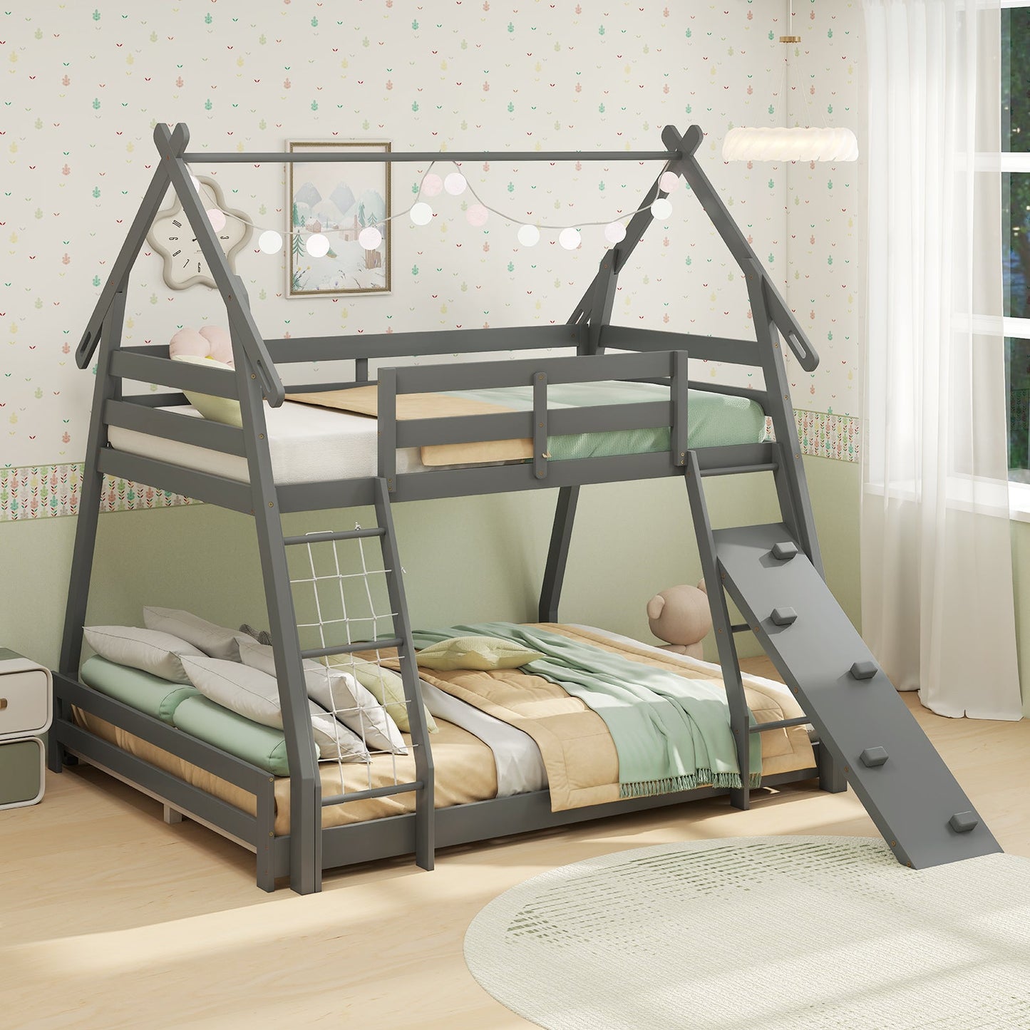 Twin Over Queen Bunk Bed with Climbing Nets - Gray