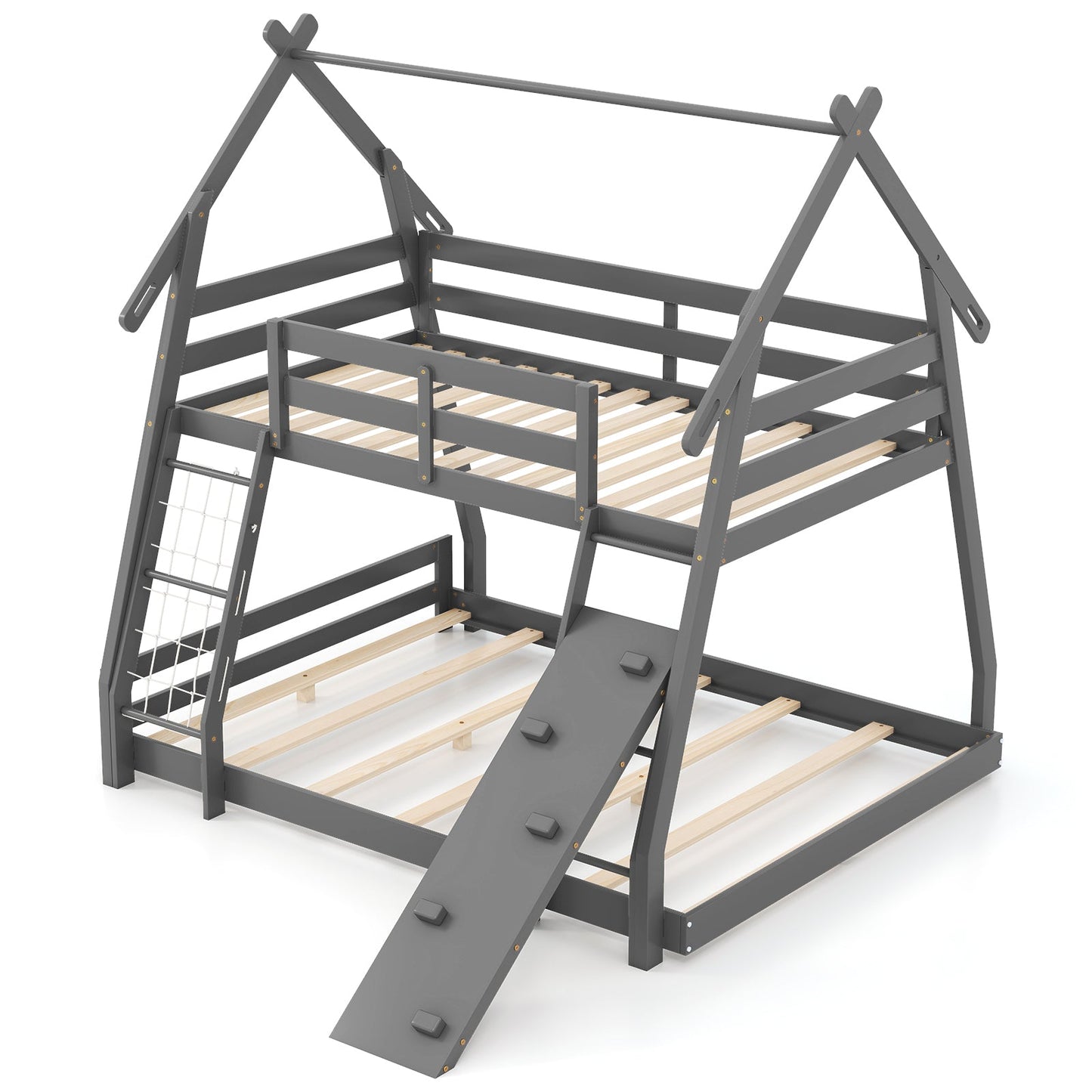Twin Over Queen Bunk Bed with Climbing Nets - Gray