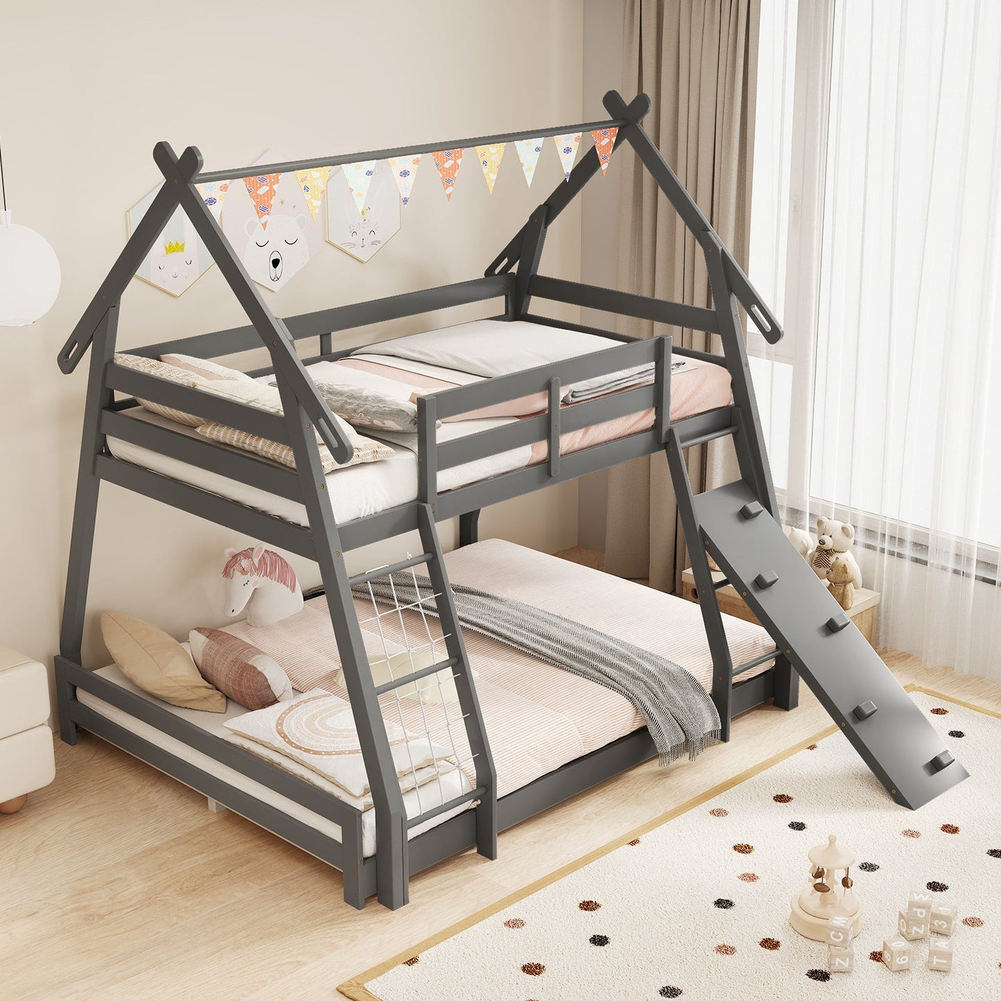 Twin Over Queen Bunk Bed with Climbing Nets - Gray