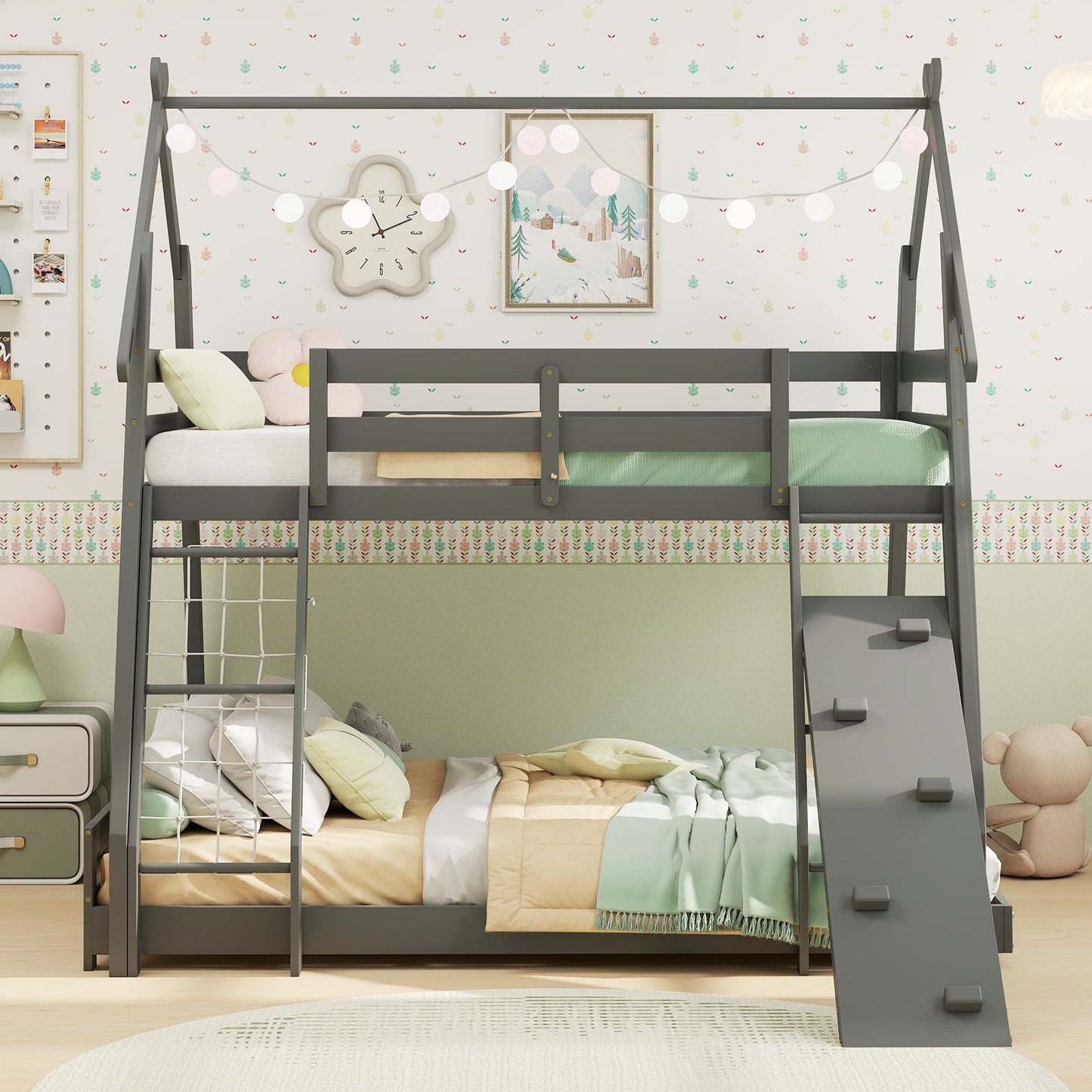 Twin Over Queen Bunk Bed with Climbing Nets - Gray