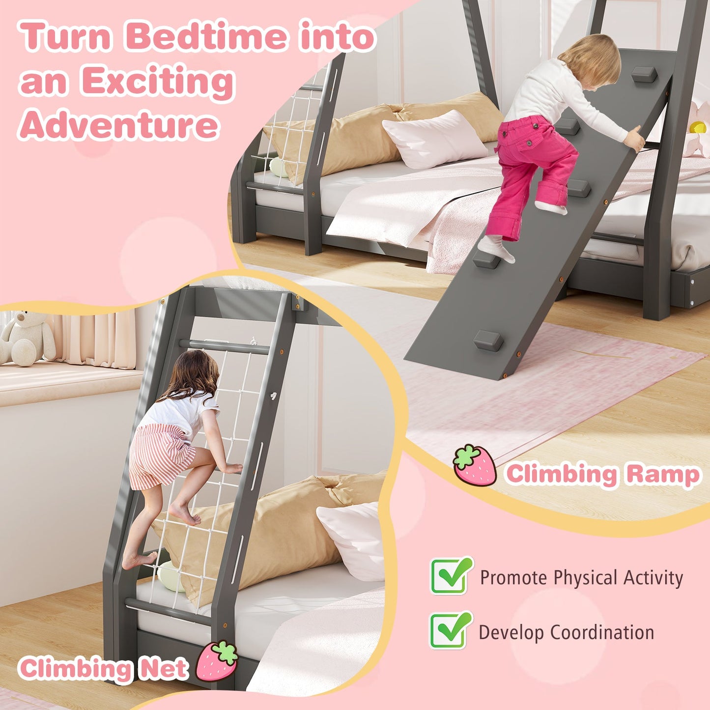 Twin Over Queen Bunk Bed with Climbing Nets - Gray