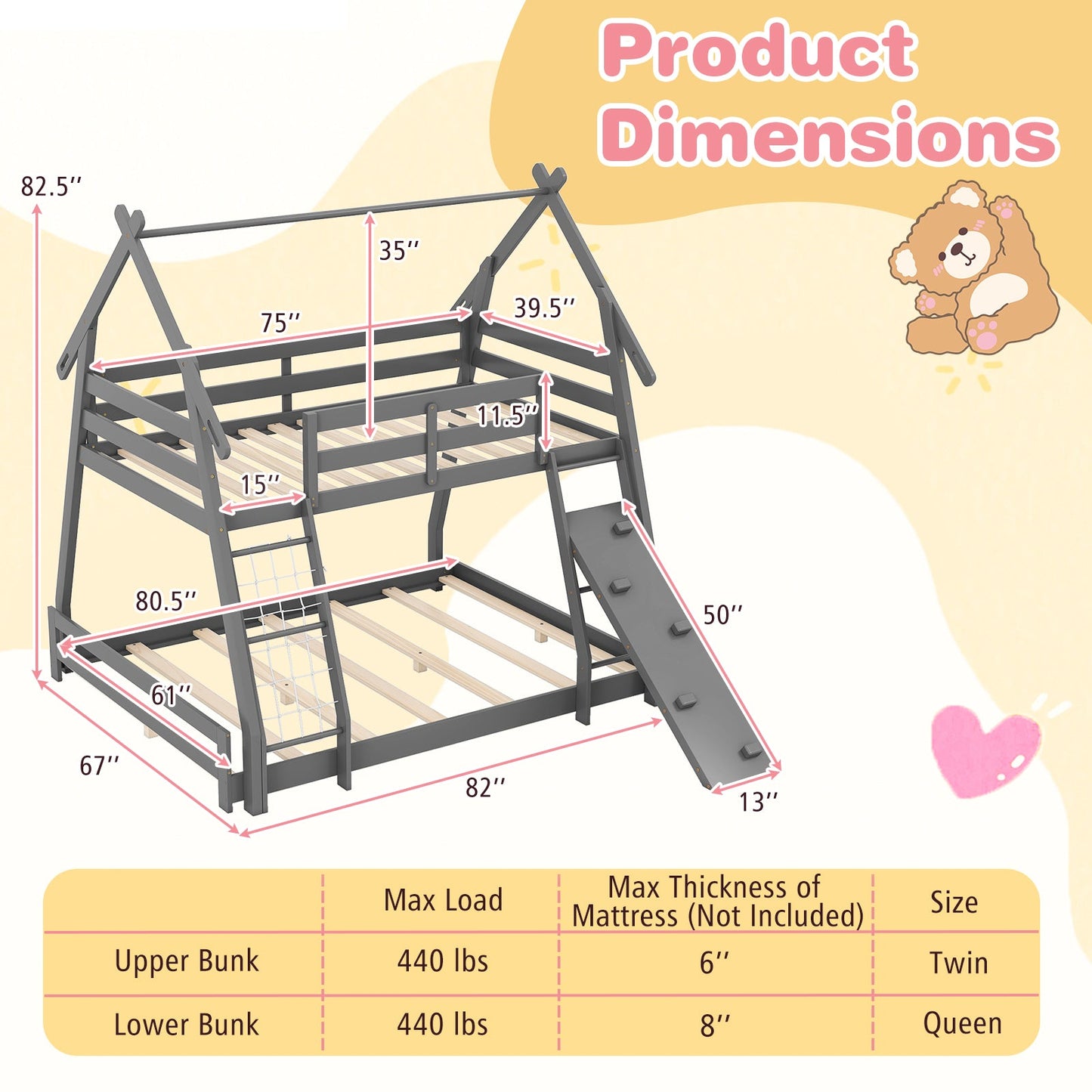 Twin Over Queen Bunk Bed with Climbing Nets - Gray