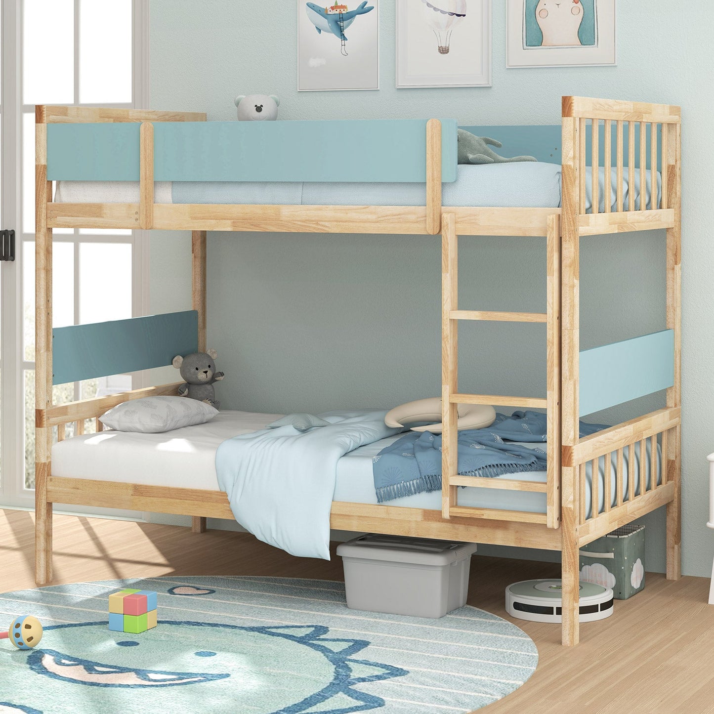 Cama litera Twin sobre Twin con escalera y barandillas - Natural