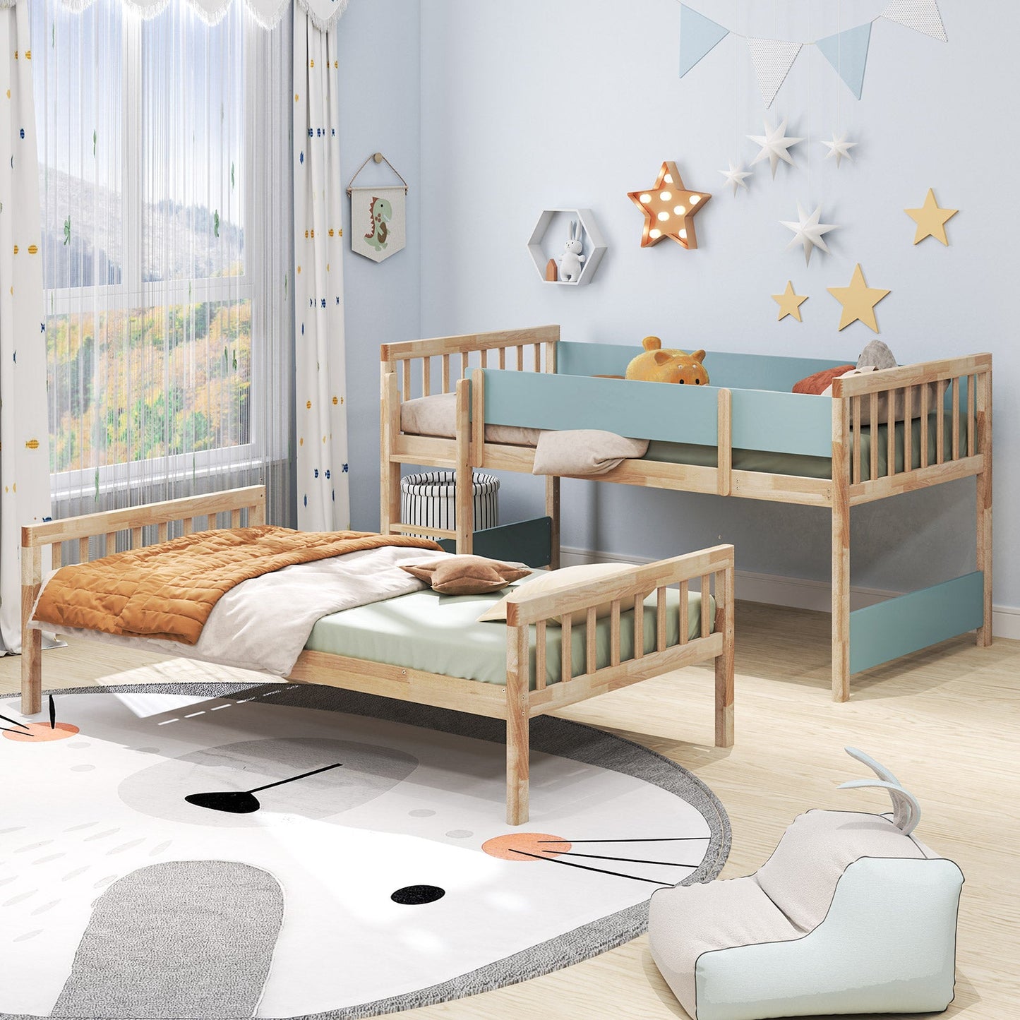 Cama litera Twin sobre Twin con escalera y barandillas - Natural