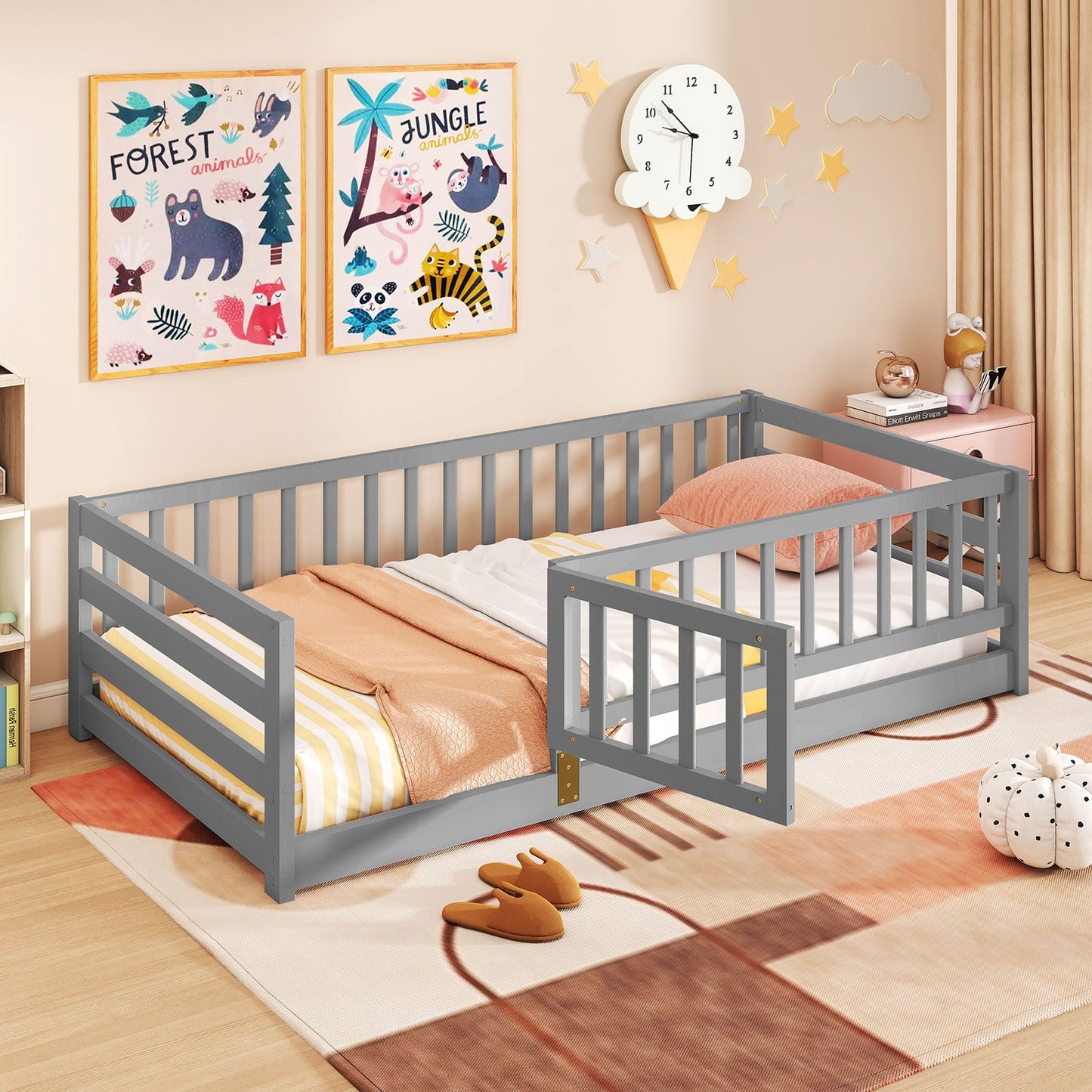 Twin Size Floor Bed with High Fence and Playhouse Door - Gray