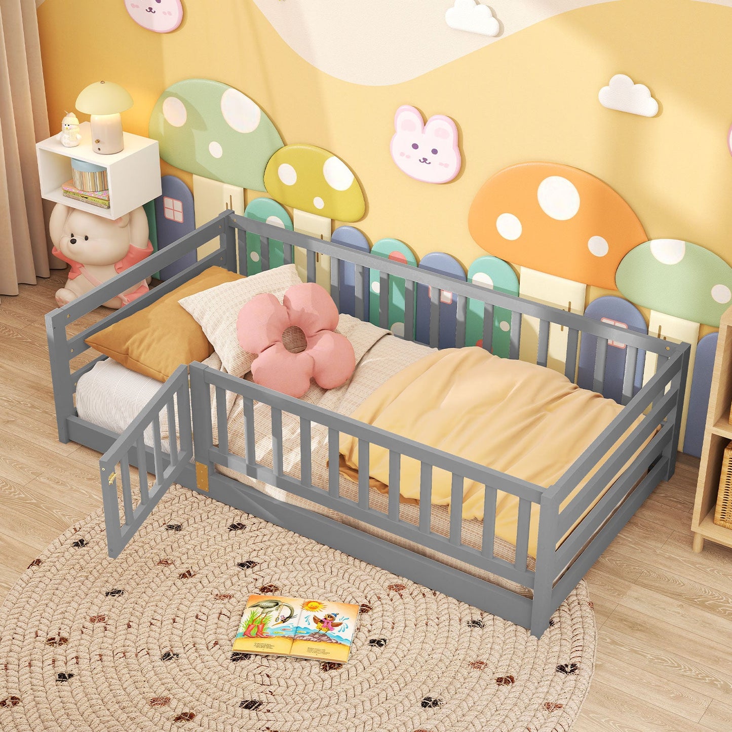 Twin Size Floor Bed with High Fence and Playhouse Door - Gray
