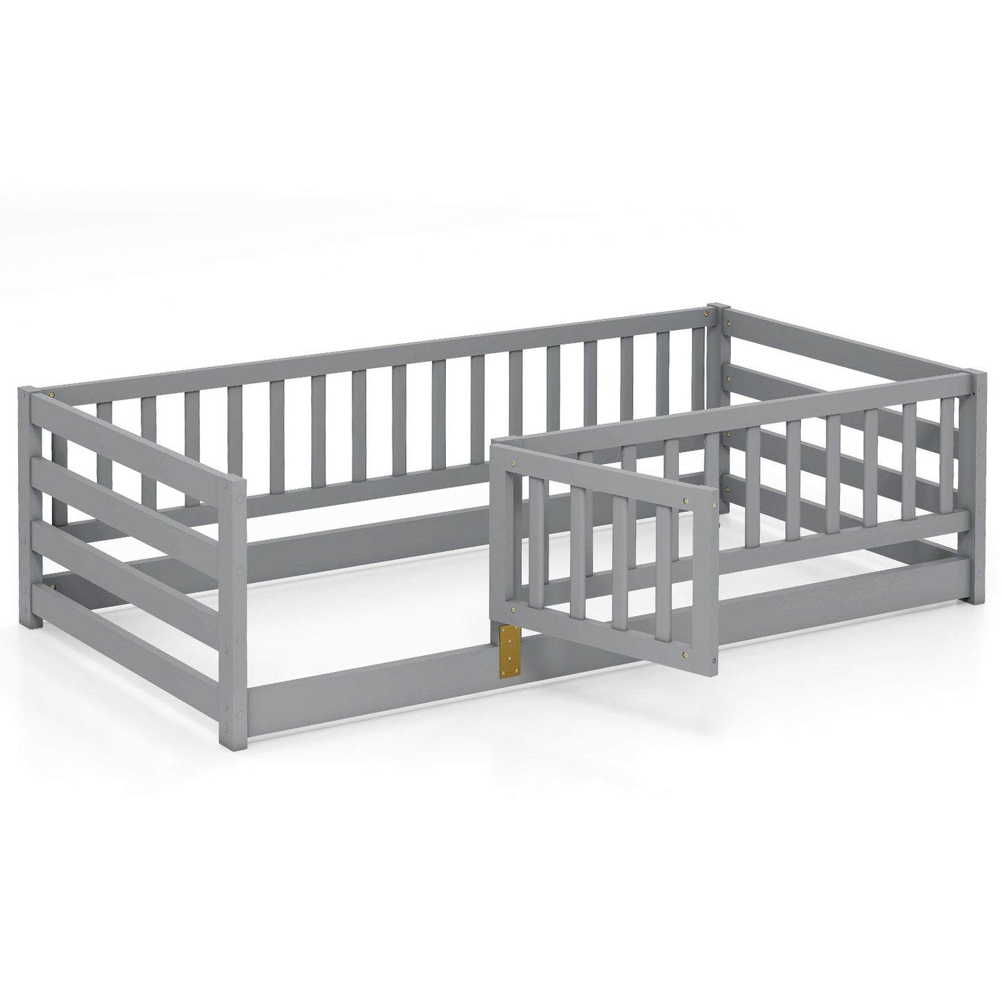 Twin Size Floor Bed with High Fence and Playhouse Door - Gray