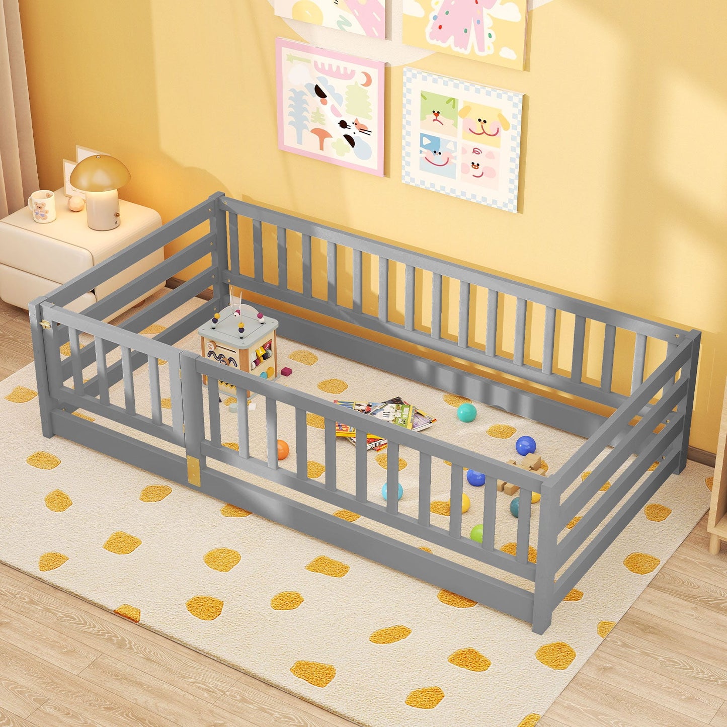 Twin Size Floor Bed with High Fence and Playhouse Door - Gray