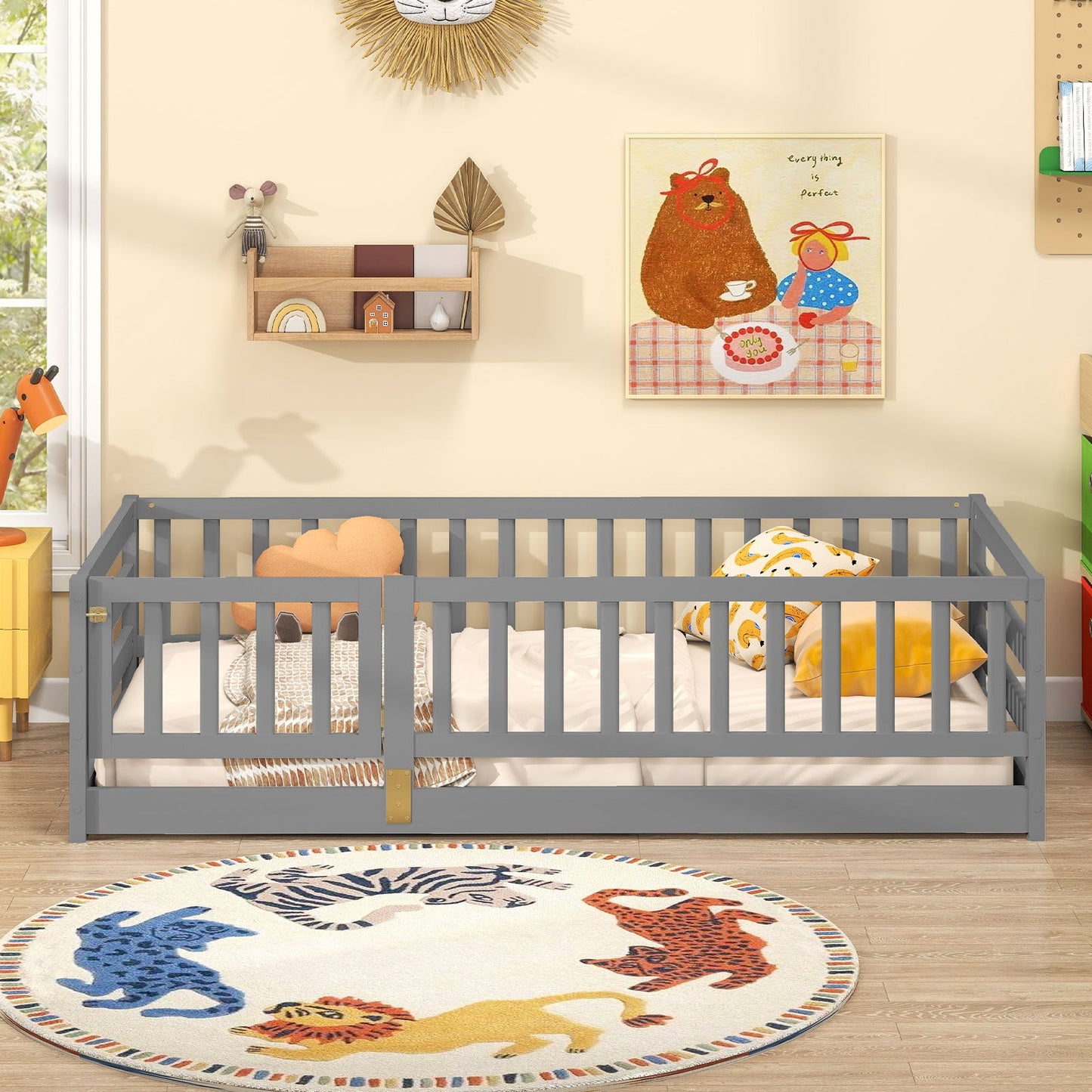 Twin Size Floor Bed with High Fence and Playhouse Door - Gray