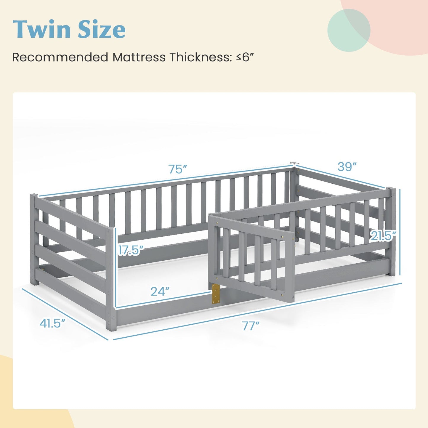 Twin Size Floor Bed with High Fence and Playhouse Door - Gray
