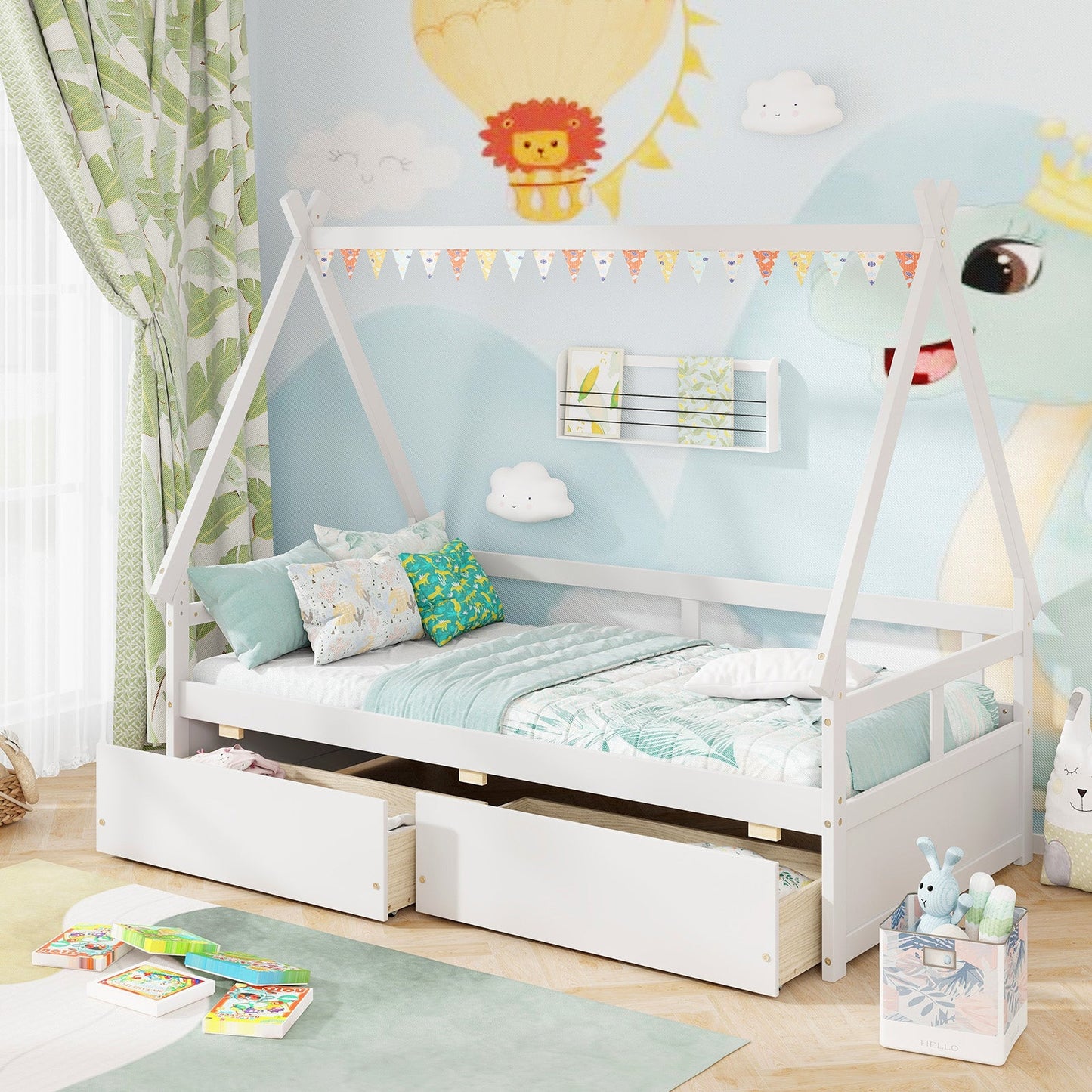 Cama Casa de Tamaño Twin con Techo y Barandilla de Seguridad - Blanca
